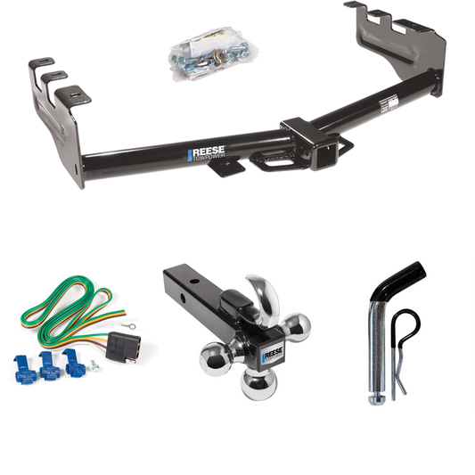 Fits 1999-2002 GMC Sierra 1500 Trailer Hitch Tow PKG w/ 4-Flat Wiring + Triple Ball Ball Mount 1-7/8" & 2" & 2-5/16" Trailer Balls w/ Tow Hook + Pin/Clip By Reese Towpower