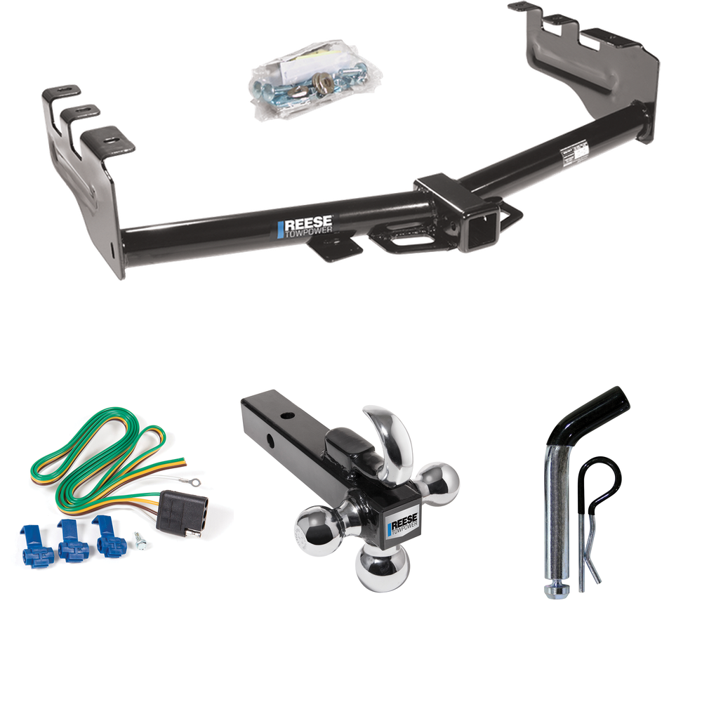 Fits 1999-2002 GMC Sierra 1500 Trailer Hitch Tow PKG w/ 4-Flat Wiring + Triple Ball Ball Mount 1-7/8" & 2" & 2-5/16" Trailer Balls w/ Tow Hook + Pin/Clip By Reese Towpower