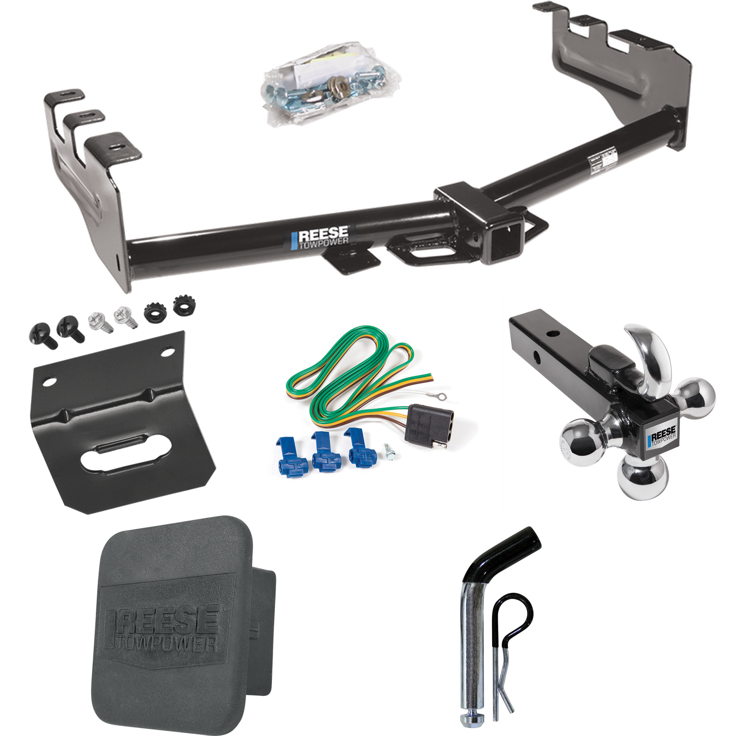 Fits 2001-2003 GMC Sierra 1500 HD Trailer Hitch Tow PKG w/ 4-Flat Wiring + Triple Ball Ball Mount 1-7/8" & 2" & 2-5/16" Trailer Balls w/ Tow Hook + Pin/Clip + Wiring Bracket + Hitch Cover By Reese Towpower