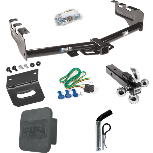 Fits 2001-2003 GMC Sierra 1500 HD Trailer Hitch Tow PKG w/ 4-Flat Wiring + Triple Ball Ball Mount 1-7/8" & 2" & 2-5/16" Trailer Balls w/ Tow Hook + Pin/Clip + Wiring Bracket + Hitch Cover By Reese Towpower