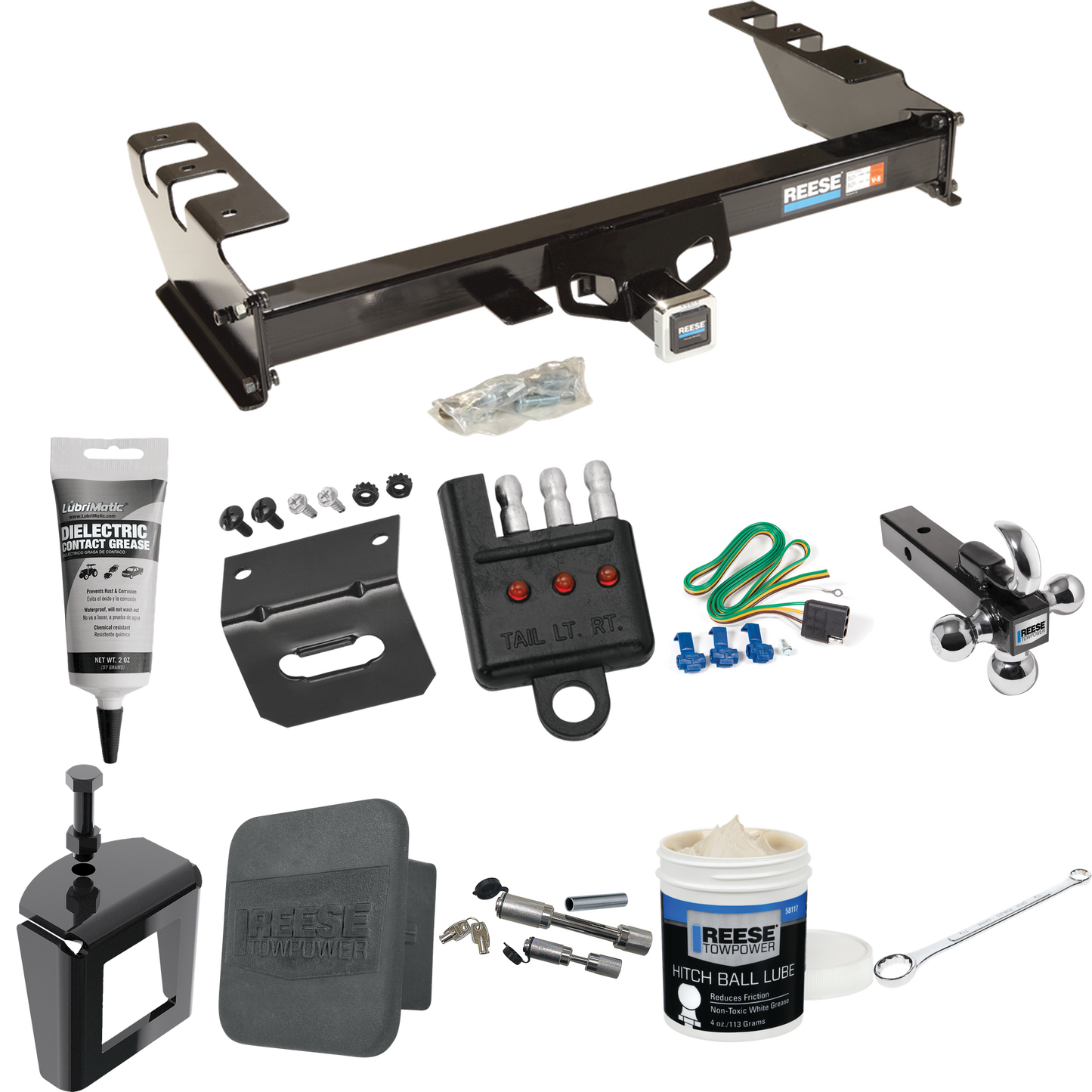 Fits 1999-2004 Chevrolet Silverado 2500 Trailer Hitch Tow PKG w/ 4-Flat Wiring + Triple Ball Ball Mount 1-7/8" & 2" & 2-5/16" Trailer Balls w/ Tow Hook + Wiring Bracket + Hitch Cover + Dual Hitch & Coupler Locks + Wiring Tester + Ball Lube + Electric