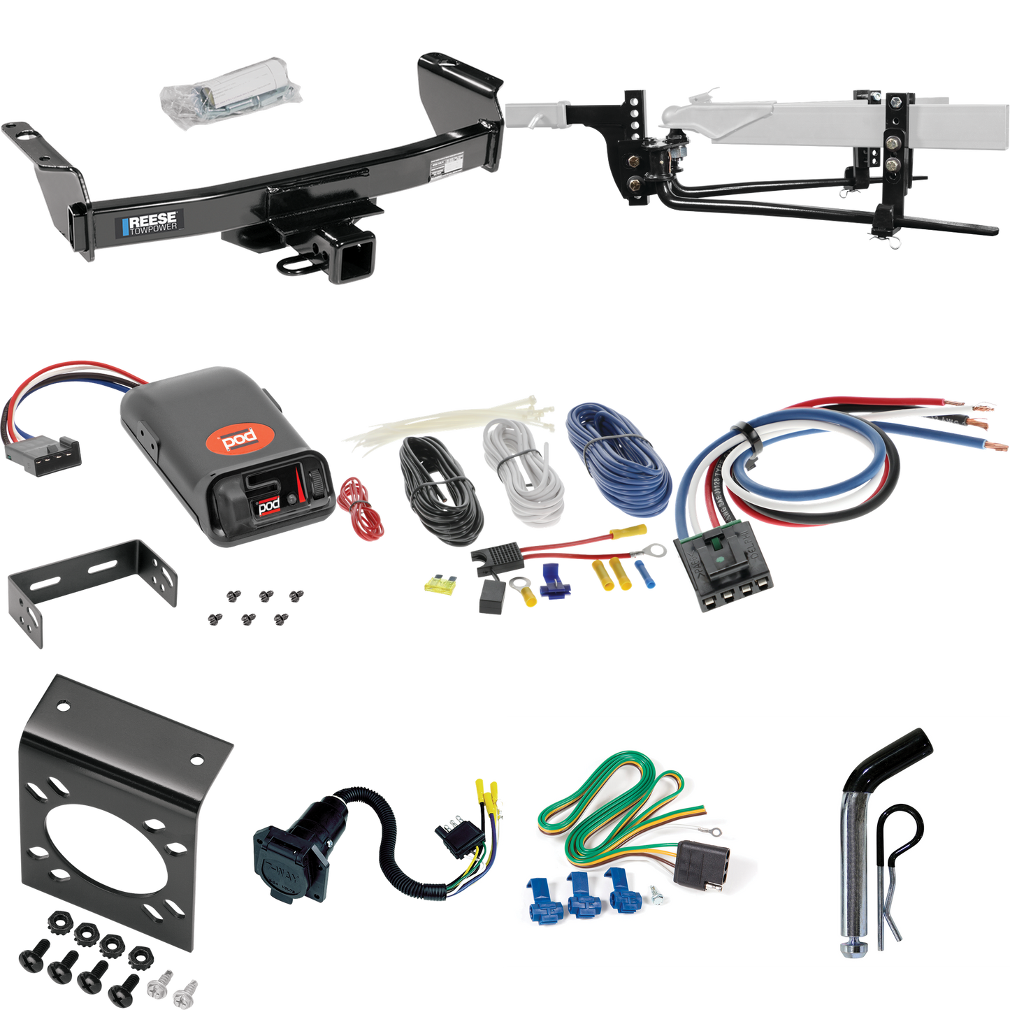 Fits 1983-1992 Ford Ranger Trailer Hitch Tow PKG w/ 6K Round Bar Weight Distribution Hitch w/ 2-5/16" Ball + Pin/Clip + Pro Series POD Brake Control + Generic BC Wiring Adapter + 7-Way RV Wiring (Excludes: GT Models) By Reese Towpower