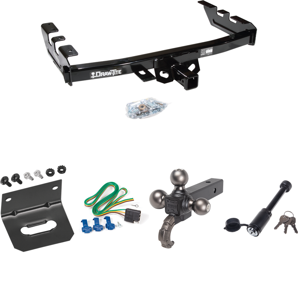 Fits 1999-2002 GMC Sierra 1500 Trailer Hitch Tow PKG w/ 4-Flat Wiring + Tactical Triple Ball Ball Mount 1-7/8" & 2" & 2-5/16" Balls & Tow Hook + Tactical Dogbone Lock + Wiring Bracket By Draw-Tite