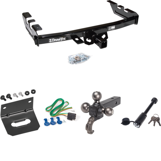 Fits 1999-2002 GMC Sierra 1500 Trailer Hitch Tow PKG w/ 4-Flat Wiring + Tactical Triple Ball Ball Mount 1-7/8" & 2" & 2-5/16" Balls & Tow Hook + Tactical Dogbone Lock + Wiring Bracket By Draw-Tite