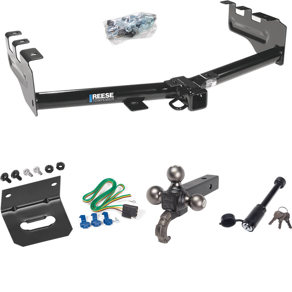 Fits 1999-2002 Chevrolet Silverado 1500 Trailer Hitch Tow PKG w/ 4-Flat Wiring + Tactical Triple Ball Ball Mount 1-7/8" & 2" & 2-5/16" Balls & Tow Hook + Tactical Dogbone Lock + Wiring Bracket By Reese Towpower