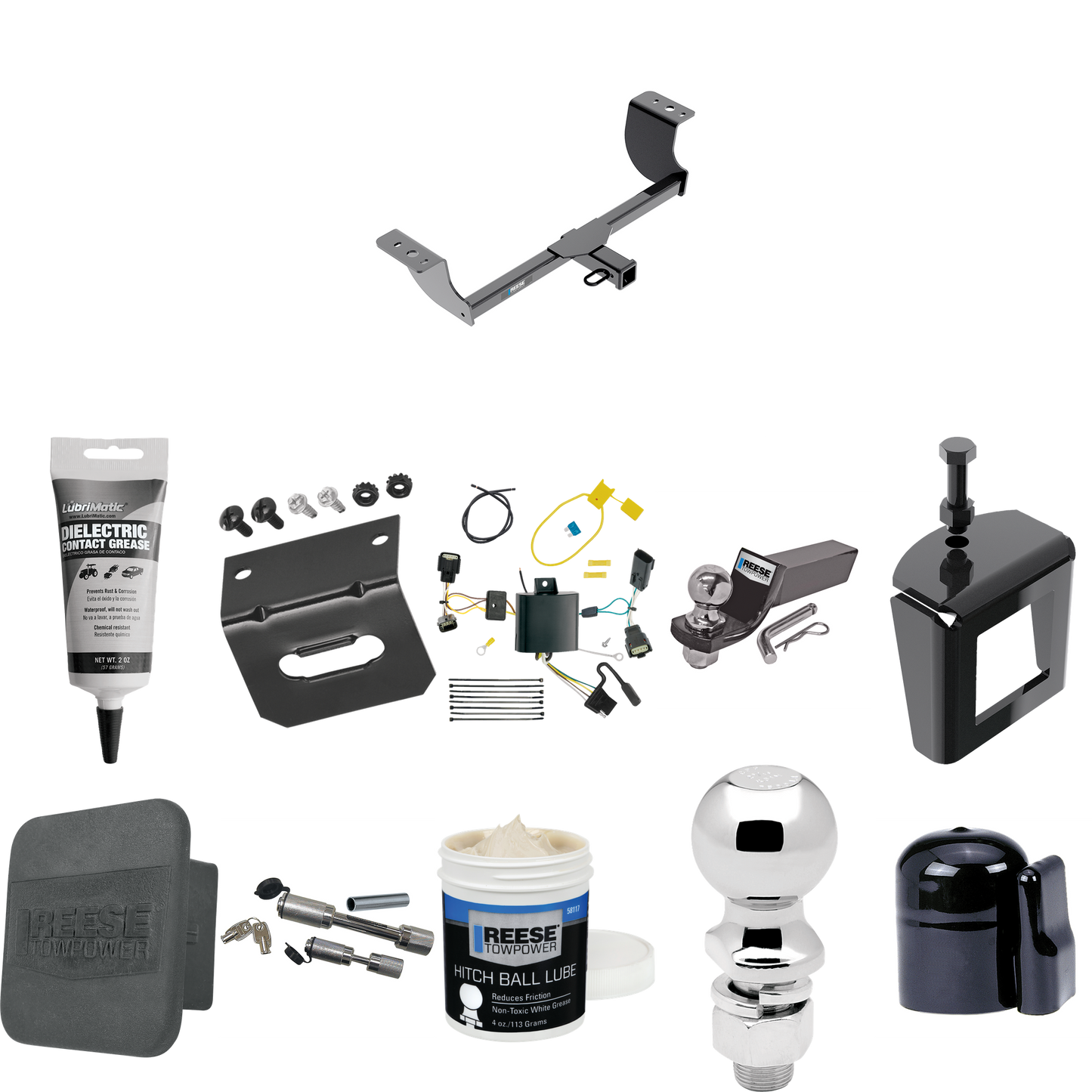 Fits 2015-2023 Chrysler 300 Trailer Hitch Tow PKG w/ 4-Flat Wiring + Starter Kit Ball Mount w/ 2" Drop & 2" Ball + 2-5/16" Ball + Wiring Bracket + Dual Hitch & Coupler Locks + Hitch Cover + Wiring Tester + Ball Lube +Electric Grease + Ball Wrench + A