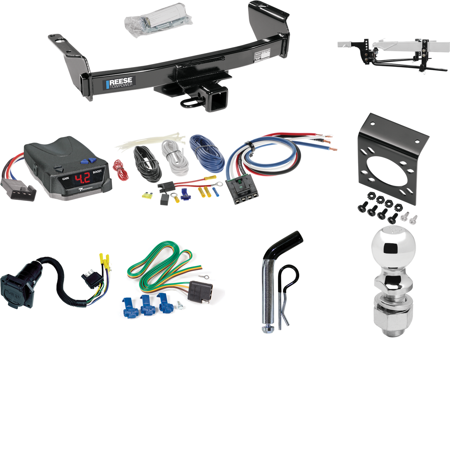 Fits 1983-1992 Ford Ranger Trailer Hitch Tow PKG w/ 6K Round Bar Weight Distribution Hitch w/ 2-5/16" Ball + 2" Ball + Pin/Clip + Tekonsha BRAKE-EVN Brake Control + Generic BC Wiring Adapter + 7-Way RV Wiring (Excludes: GT Models) By Reese Towpower