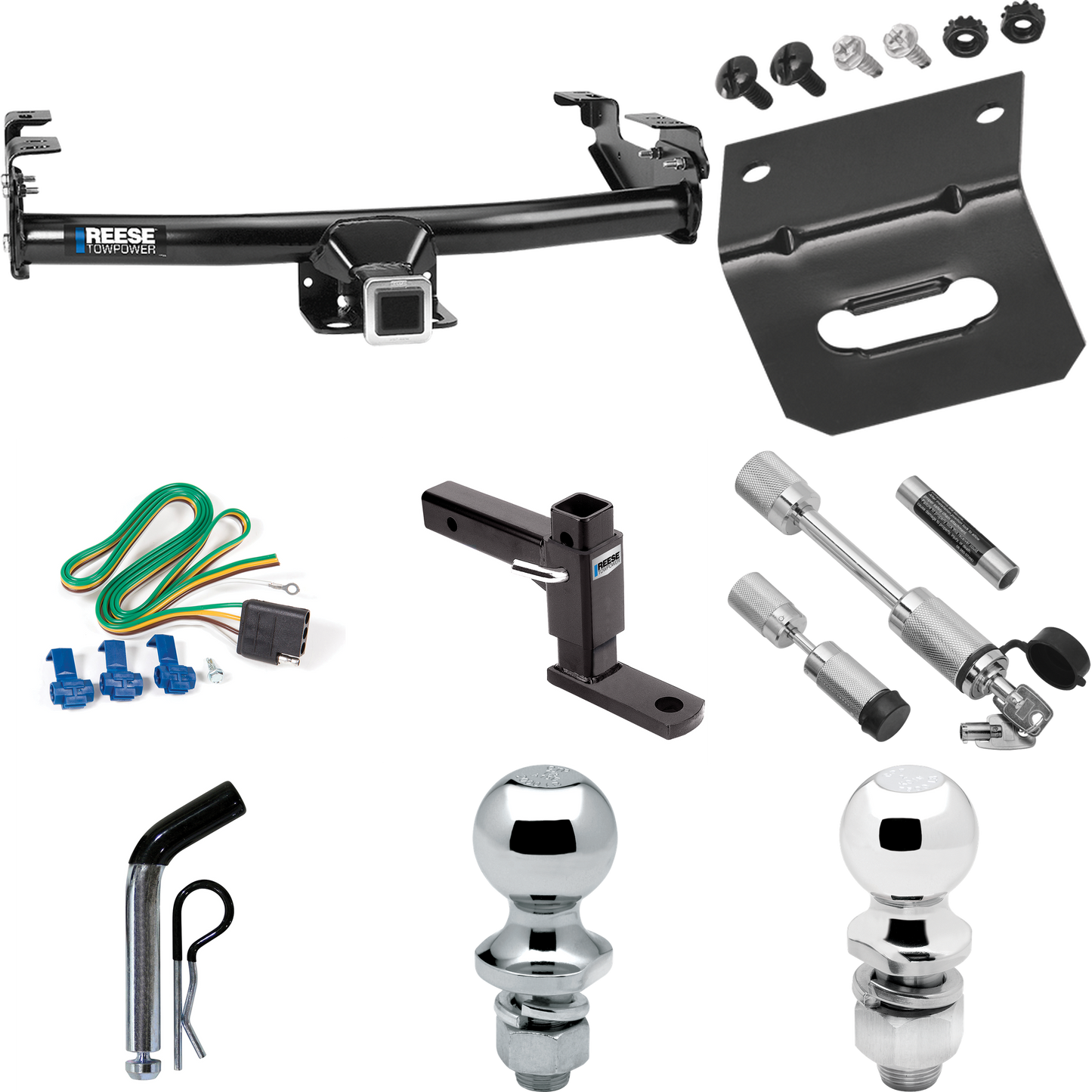 Fits 1981-1993 Dodge D350 Trailer Hitch Tow PKG w/ 4-Flat Wiring Harness + Adjustable Drop Rise Ball Mount + Pin/Clip + 2" Ball + 1-7/8" Ball + Dual Hitch & Coupler Locks By Reese Towpower