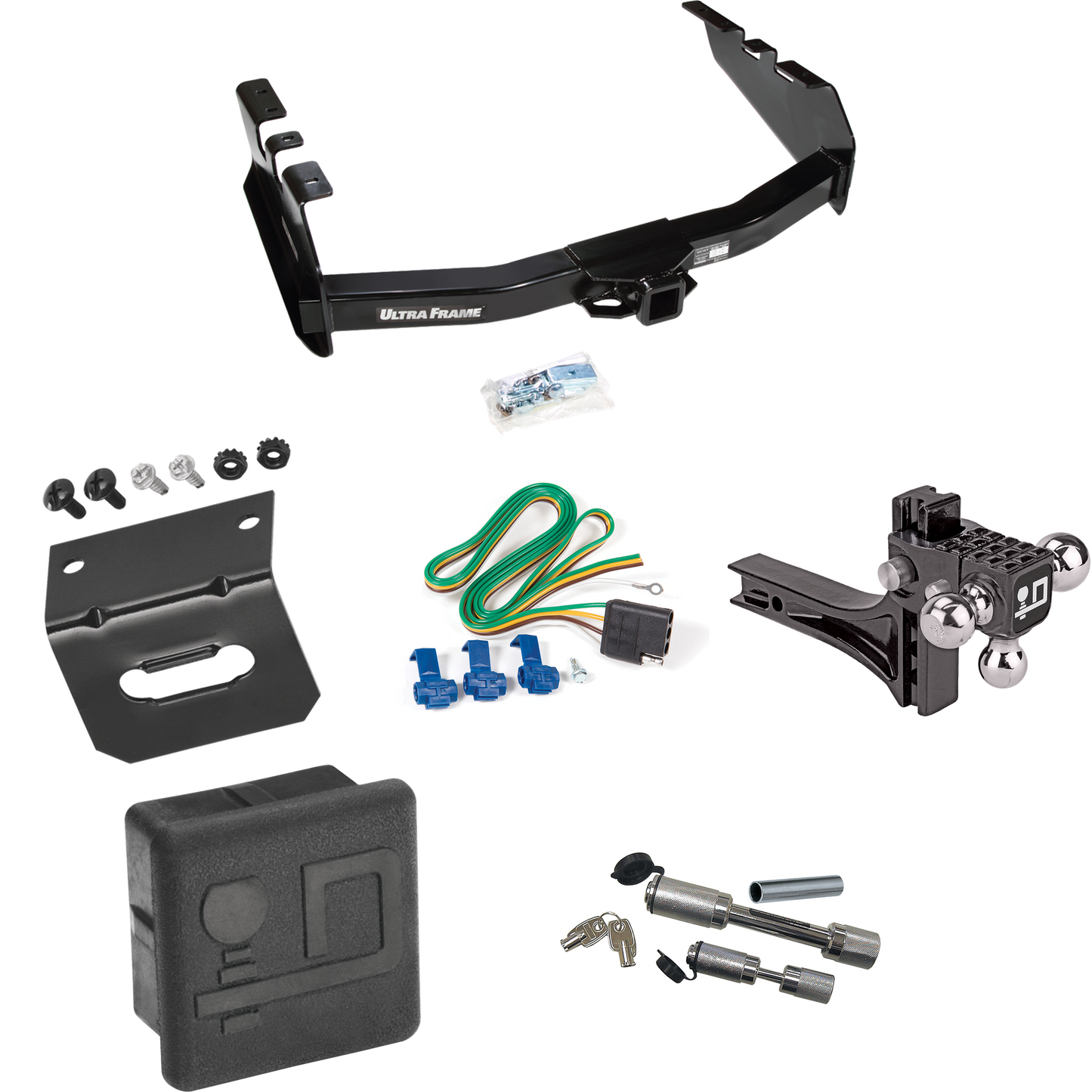 Fits 2003-2007 GMC Sierra 1500 Trailer Hitch Tow PKG w/ 4-Flat Wiring Harness + Adjustable Drop Rise Triple Ball Ball Mount 1-7/8" & 2" & 2-5/16" Trailer Balls + Dual Hitch & Coupler Locks + Hitch Cover + Wiring Bracket (For (Classic) Models) By Draw