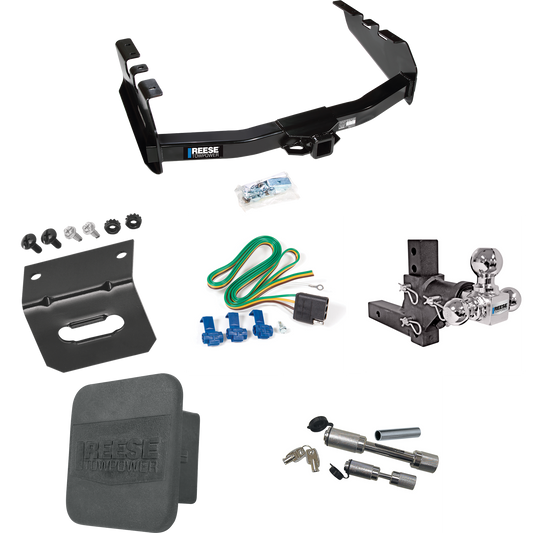 Fits 1999-2004 GMC Sierra 2500 Trailer Hitch Tow PKG w/ 4-Flat Wiring Harness + Adjustable Drop Rise Triple Ball Ball Mount 1-7/8" & 2" & 2-5/16" Trailer Balls + Dual Hitch & Coupler Locks + Hitch Cover + Wiring Bracket By Reese Towpower