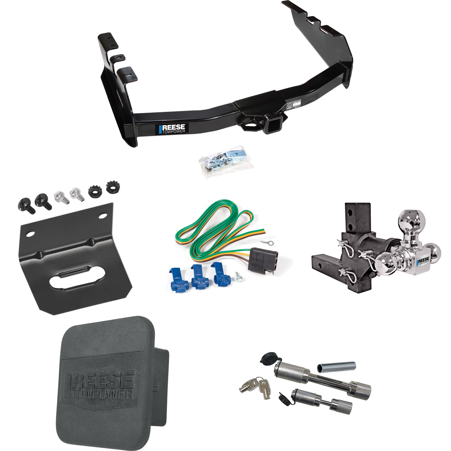 Fits 2001-2003 Chevrolet Silverado 1500 HD Trailer Hitch Tow PKG w/ 4-Flat Wiring Harness + Adjustable Drop Rise Triple Ball Ball Mount 1-7/8" & 2" & 2-5/16" Trailer Balls + Dual Hitch & Coupler Locks + Hitch Cover + Wiring Bracket By Reese Towpower