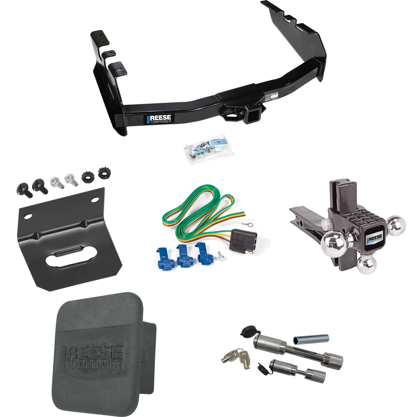 Fits 2005-2007 Chevrolet Silverado 1500 HD Trailer Hitch Tow PKG w/ 4-Flat Wiring Harness + Adjustable Drop Rise Triple Ball Ball Mount 1-7/8" & 2" & 2-5/16" Trailer Balls + Dual Hitch & Coupler Locks + Hitch Cover + Wiring Bracket (For (Classic) Mod