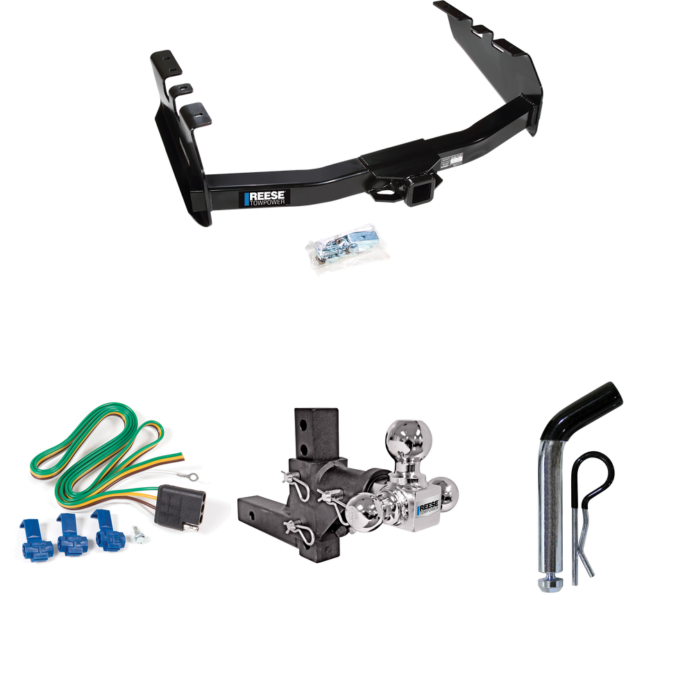 Fits 1999-2004 Chevrolet Silverado 2500 Trailer Hitch Tow PKG w/ 4-Flat Wiring Harness + Adjustable Drop Rise Triple Ball Ball Mount 1-7/8" & 2" & 2-5/16" Trailer Balls + Pin/Clip By Reese Towpower