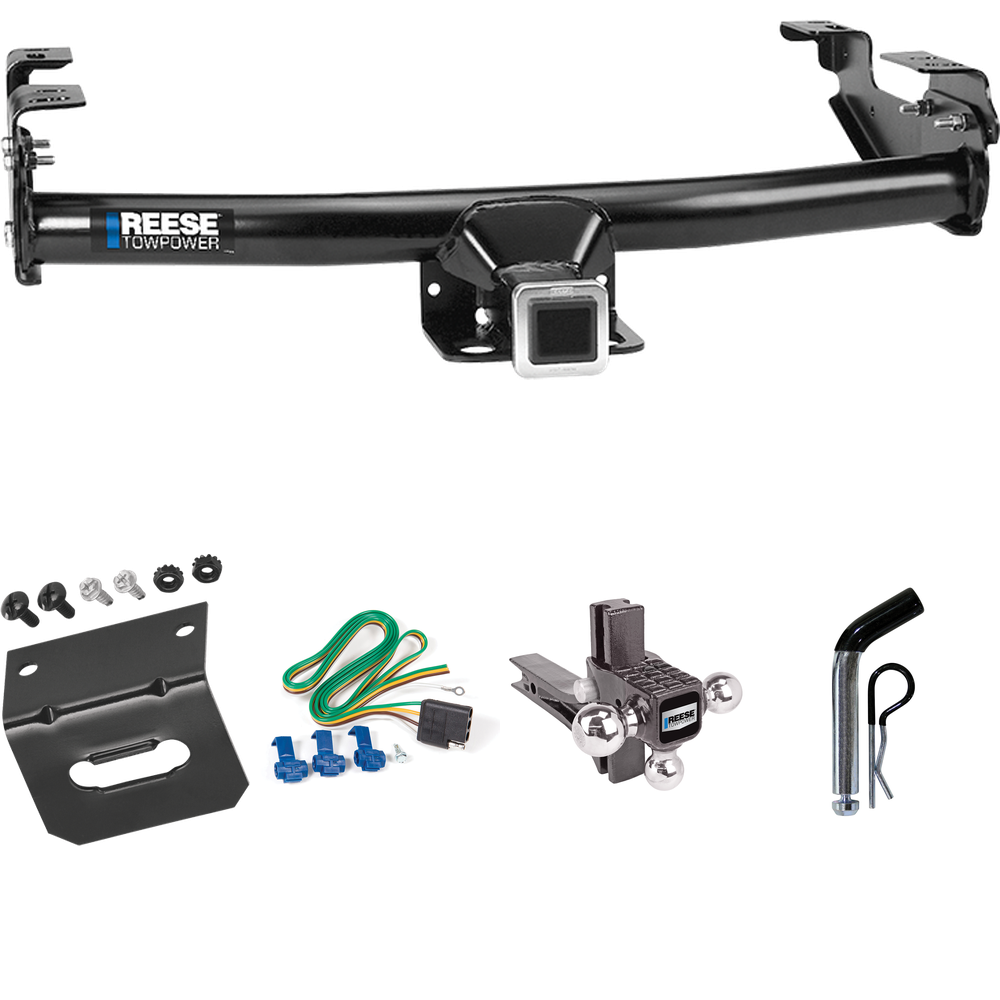 Fits 1971-1980 Dodge D300 Trailer Hitch Tow PKG w/ 4-Flat Wiring Harness + Adjustable Drop Rise Triple Ball Ball Mount 1-7/8" & 2" & 2-5/16" Trailer Balls + Pin/Clip + Wiring Bracket By Reese Towpower