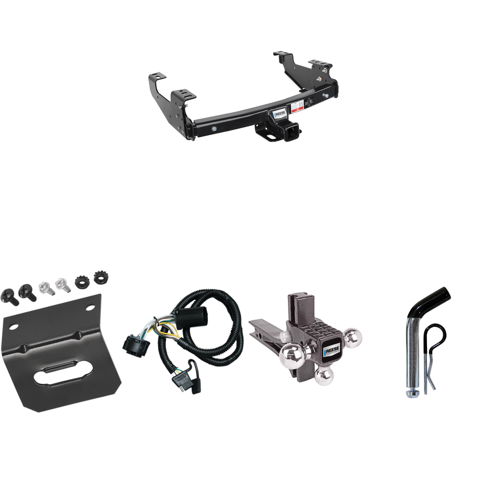 Fits 2001-2006 Chevrolet Silverado 2500 HD Trailer Hitch Tow PKG w/ 4-Flat Wiring Harness + Adjustable Drop Rise Triple Ball Ball Mount 1-7/8" & 2" & 2-5/16" Trailer Balls + Pin/Clip + Wiring Bracket By Reese Towpower