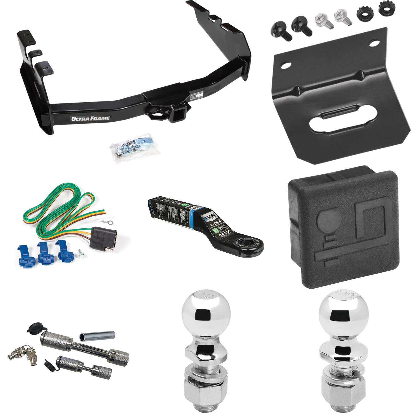 Fits 2003-2007 GMC Sierra 1500 Trailer Hitch Tow PKG w/ 4-Flat Wiring Harness + Ball Mount w/ 2" Drop + Dual Hitch & Coupler Locks + 2" Ball + 2-5/16" Ball + Hitch Cover + Wiring Bracket (For (Classic) Models) By Draw-Tite