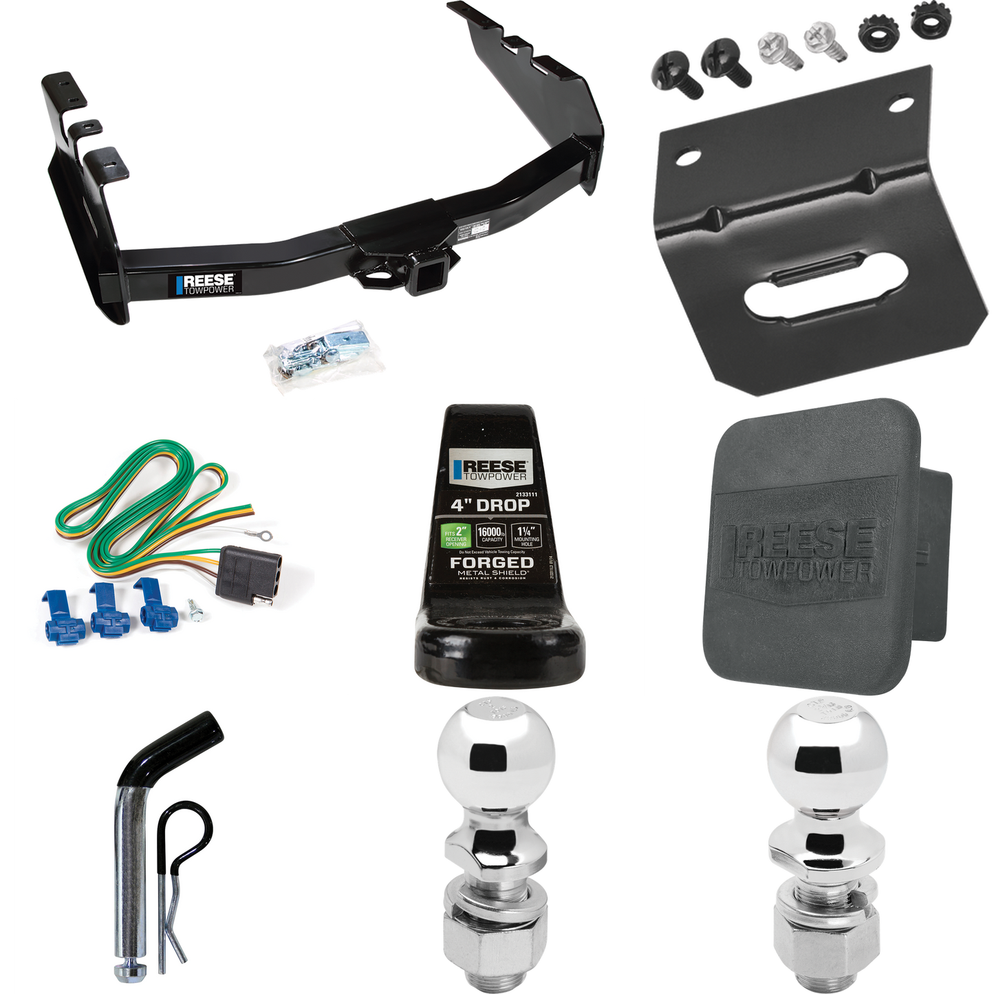 Fits 2003-2007 Chevrolet Silverado 1500 Trailer Hitch Tow PKG w/ 4-Flat Wiring Harness + Ball Mount w/ 4" Drop + Pin/Clip + 2" Ball + 2-5/16" Ball + Hitch Cover + Wiring Bracket (For (Classic) Models) By Reese Towpower