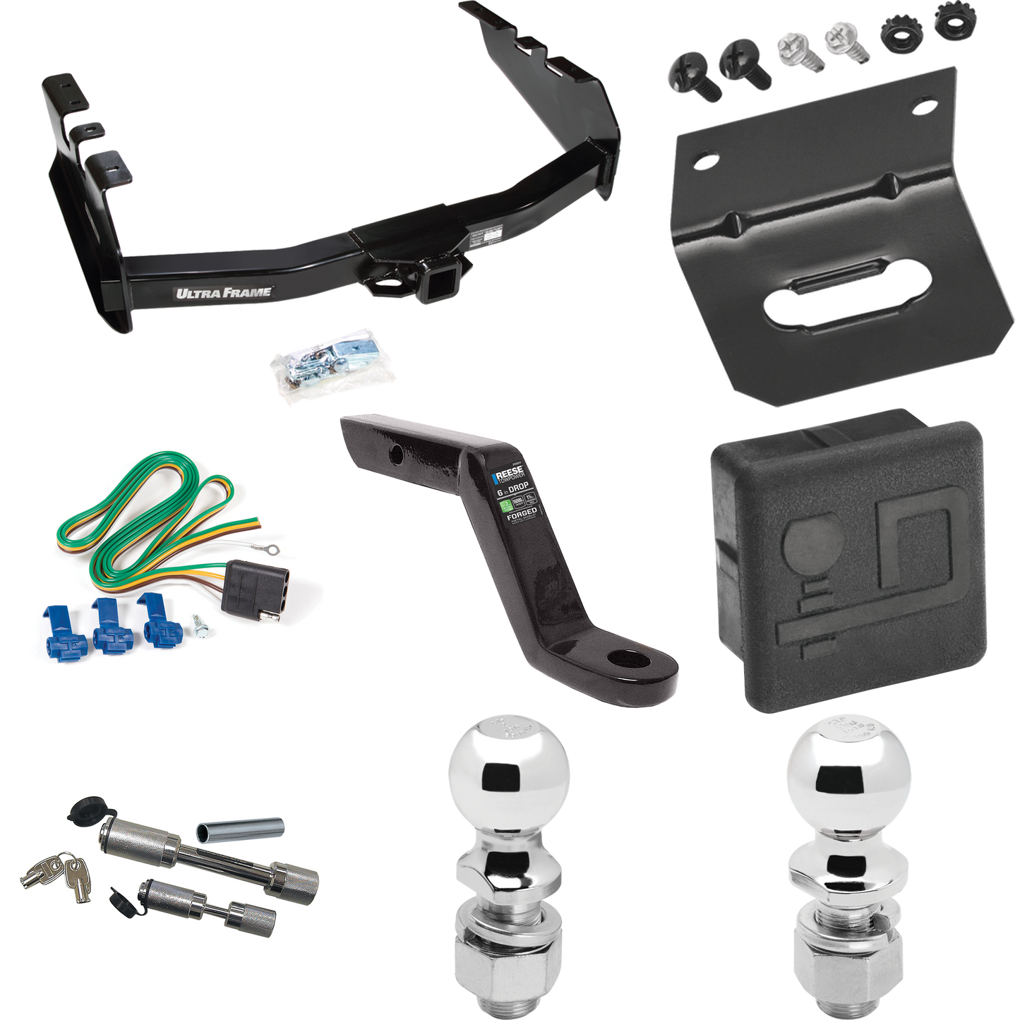 Fits 2001-2003 Chevrolet Silverado 1500 HD Trailer Hitch Tow PKG w/ 4-Flat Wiring Harness + Ball Mount w/ 6" Drop + Dual Hitch & Coupler Locks + 2" Ball + 2-5/16" Ball + Hitch Cover + Wiring Bracket By Draw-Tite