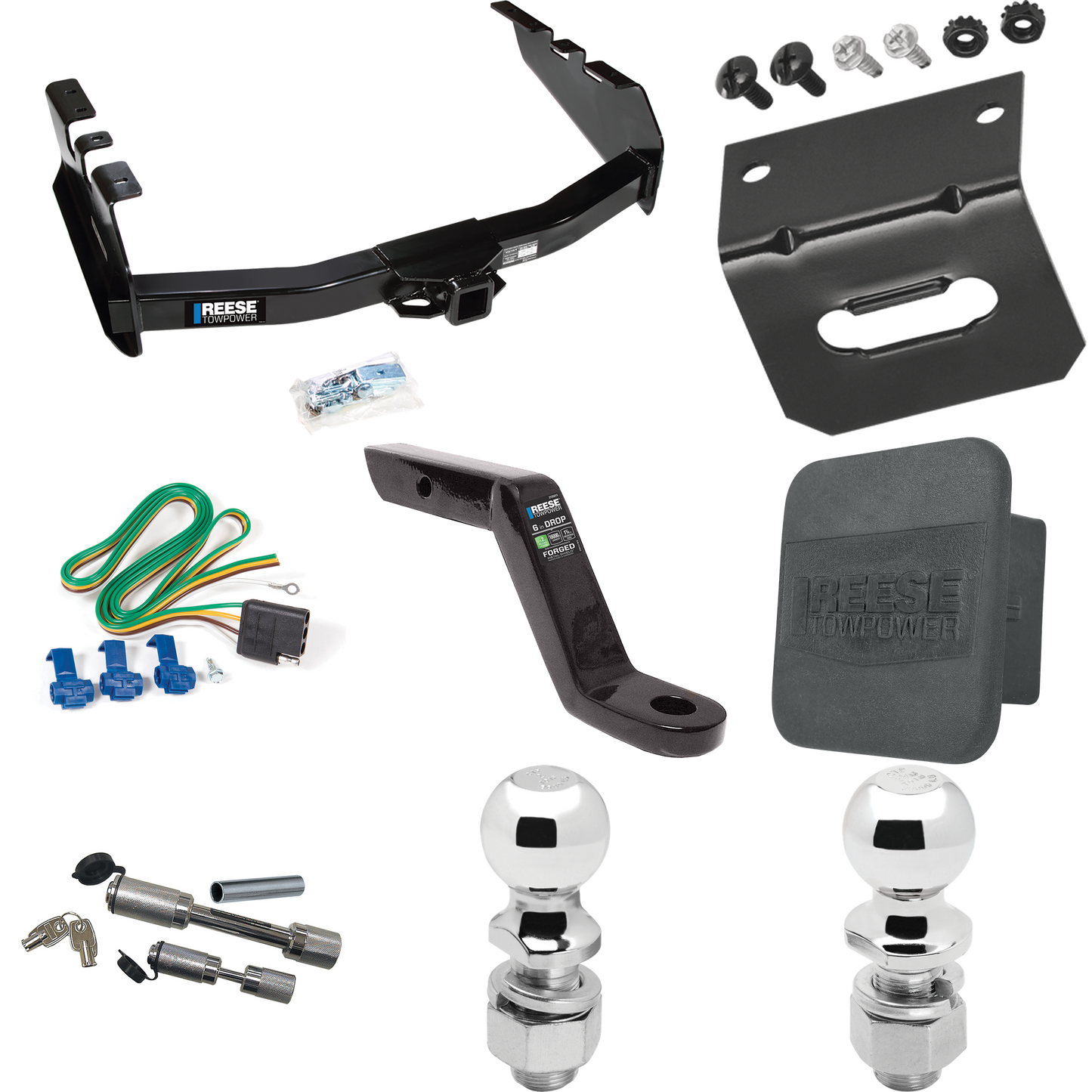 Fits 2005-2007 GMC Sierra 1500 HD Trailer Hitch Tow PKG w/ 4-Flat Wiring Harness + Ball Mount w/ 6" Drop + Dual Hitch & Coupler Locks + 2" Ball + 2-5/16" Ball + Hitch Cover + Wiring Bracket (For (Classic) Models) By Reese Towpower