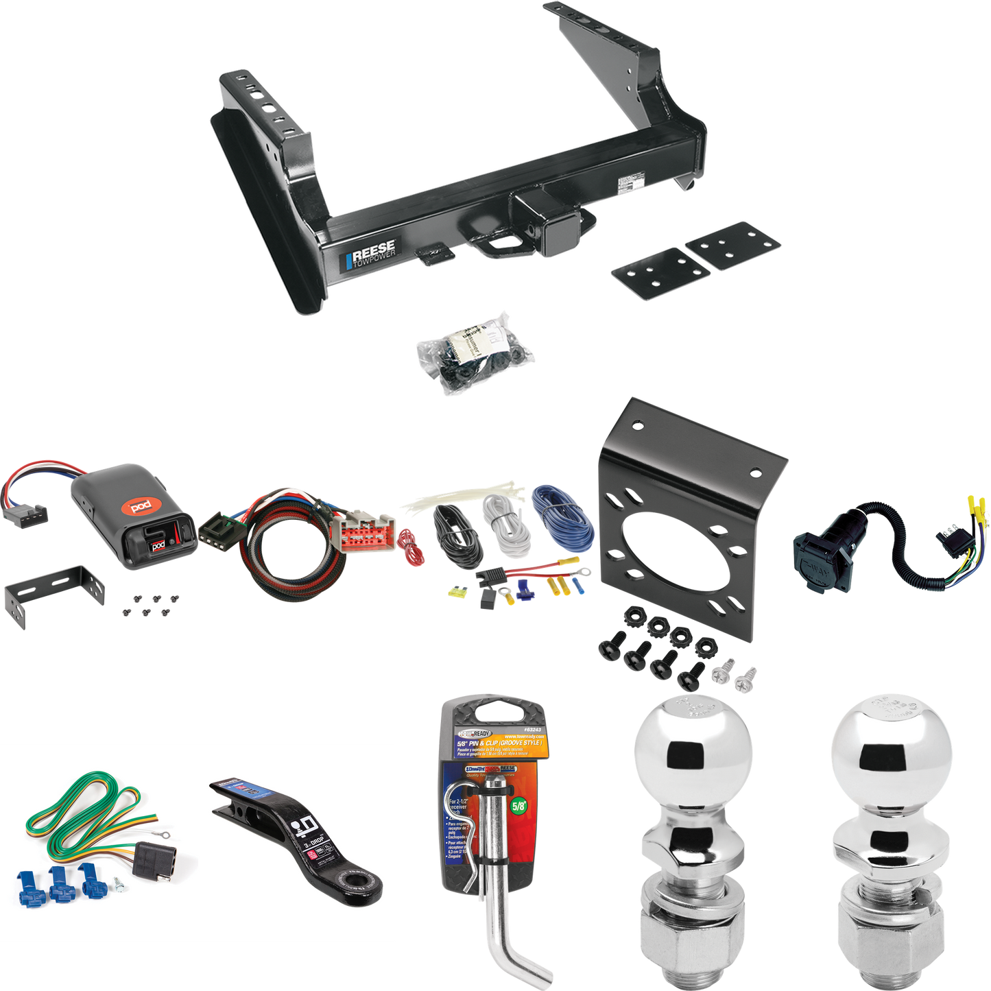 Fits 2021-2023 Ford F-250 Super Duty Trailer Hitch Tow PKG w/ Pro Series POD Brake Control + Plug & Play BC Adapter + 7-Way RV Wiring + 2" & 2-5/16" Ball & Drop Mount (Excludes: Cab & Chassis Models) By Reese Towpower