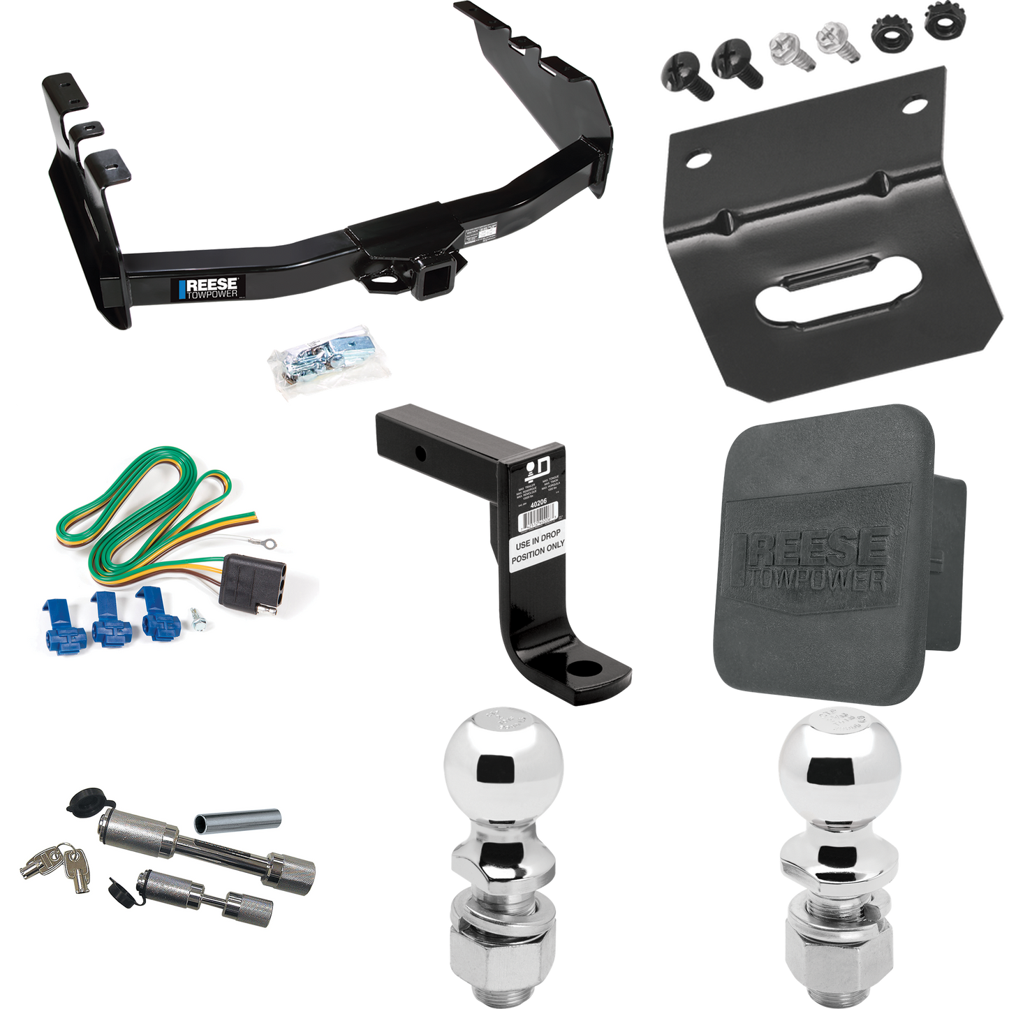 Fits 2005-2007 Chevrolet Silverado 1500 HD Trailer Hitch Tow PKG w/ 4-Flat Wiring Harness + Ball Mount w/ 8" Drop + Dual Hitch & Coupler Locks + 2" Ball + 2-5/16" Ball + Hitch Cover + Wiring Bracket (For (Classic) Models) By Reese Towpower