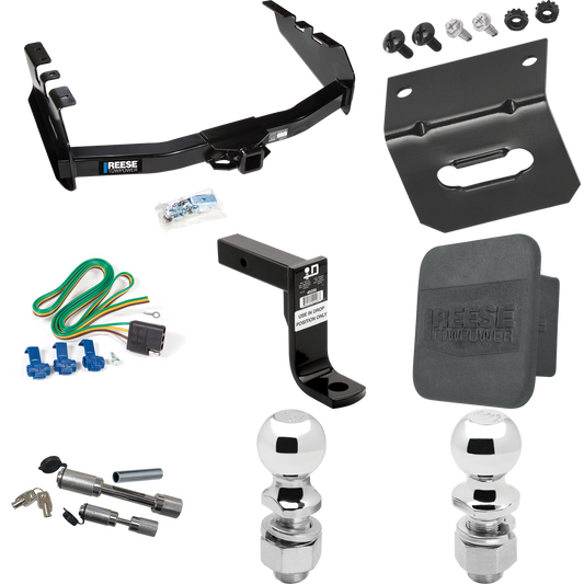 Fits 2005-2007 Chevrolet Silverado 1500 HD Trailer Hitch Tow PKG w/ 4-Flat Wiring Harness + Ball Mount w/ 8" Drop + Dual Hitch & Coupler Locks + 2" Ball + 2-5/16" Ball + Hitch Cover + Wiring Bracket (For (Classic) Models) By Reese Towpower