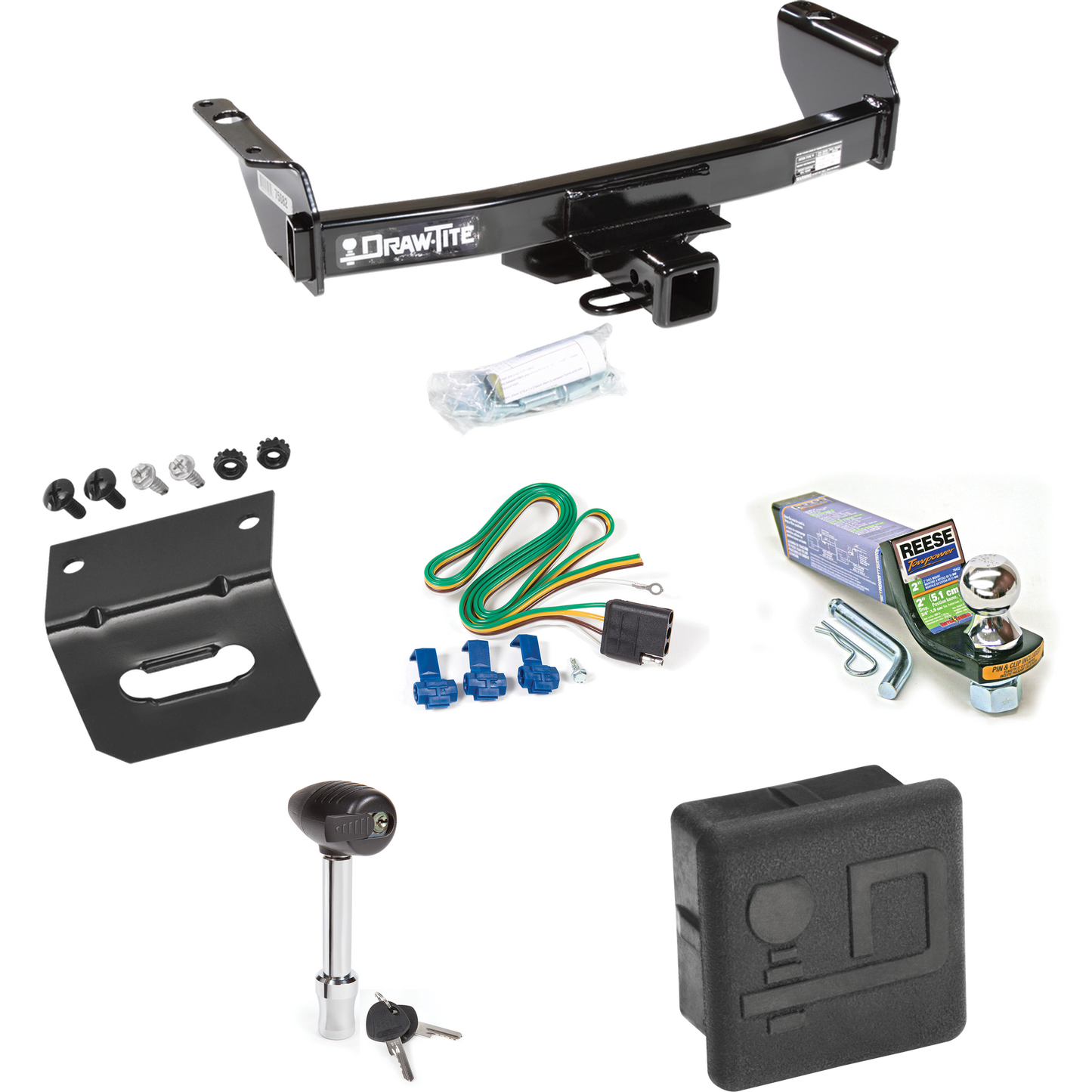 Fits 2004-2011 Ford Ranger Trailer Hitch Tow PKG w/ 4-Flat Wiring + Starter Kit Ball Mount w/ 2" Drop & 1-7/8" Ball + Wiring Bracket + Hitch Lock + Hitch Cover By Draw-Tite