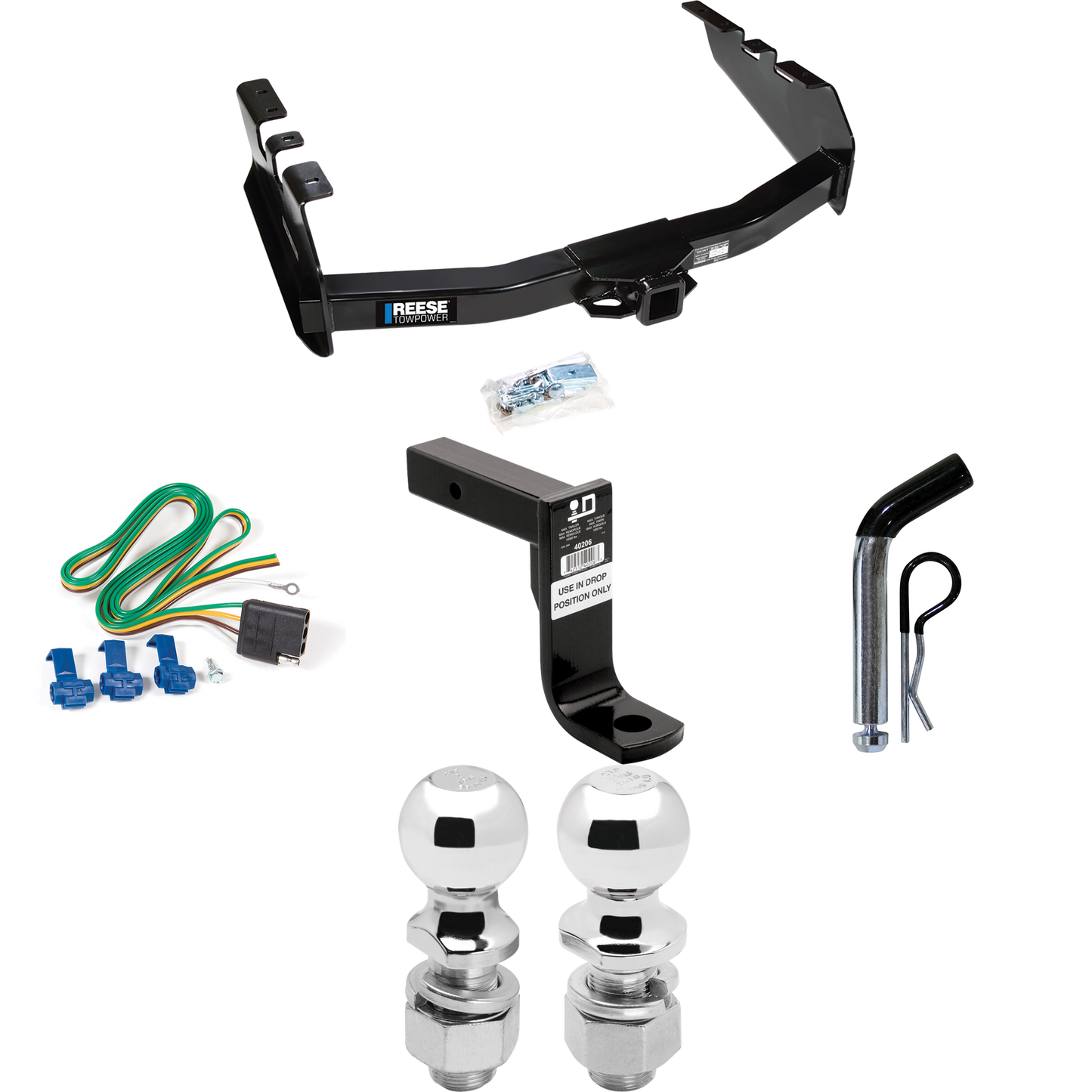 Fits 1999-2004 GMC Sierra 2500 Trailer Hitch Tow PKG w/ 4-Flat Wiring Harness + Ball Mount w/ 8" Drop + Pin/Clip + 2" Ball + 2-5/16" Ball By Reese Towpower