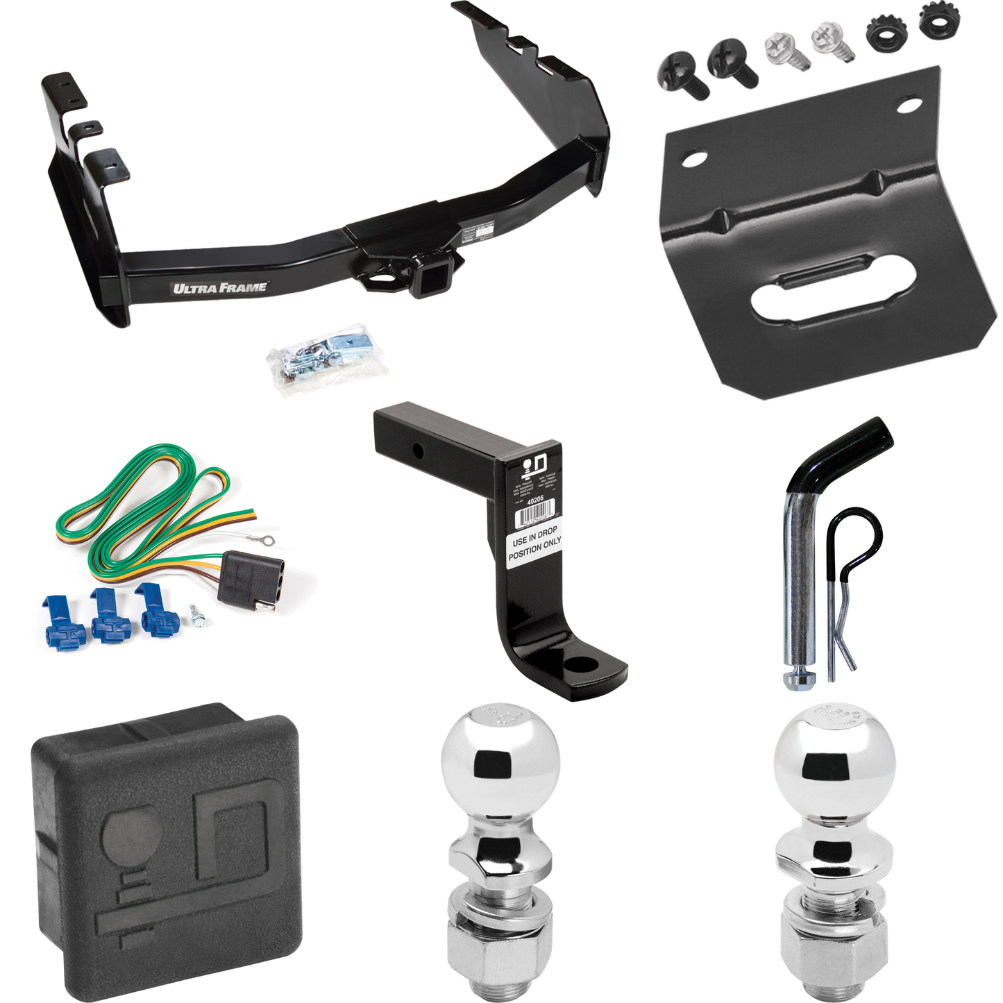 Fits 1999-2004 GMC Sierra 2500 Trailer Hitch Tow PKG w/ 4-Flat Wiring Harness + Ball Mount w/ 8" Drop + Pin/Clip + 2" Ball + 2-5/16" Ball + Hitch Cover + Wiring Bracket By Draw-Tite