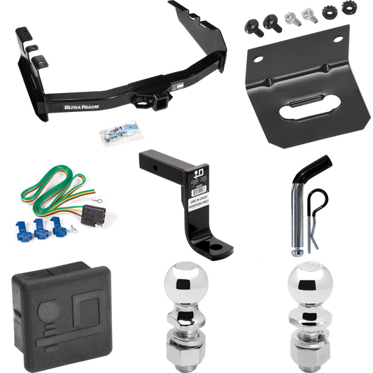 Fits 1999-2004 GMC Sierra 2500 Trailer Hitch Tow PKG w/ 4-Flat Wiring Harness + Ball Mount w/ 8" Drop + Pin/Clip + 2" Ball + 2-5/16" Ball + Hitch Cover + Wiring Bracket By Draw-Tite