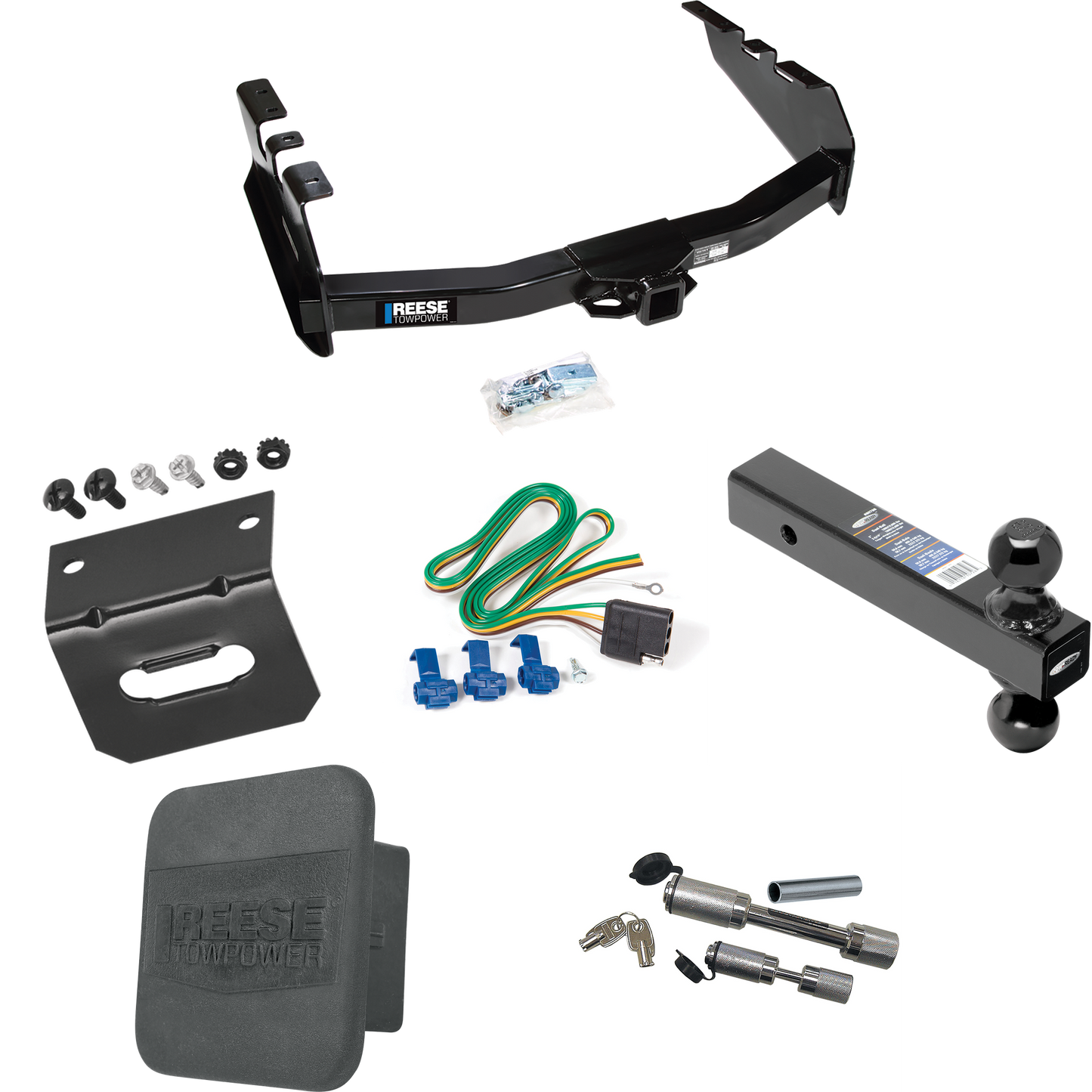 Fits 2003-2007 GMC Sierra 1500 Trailer Hitch Tow PKG w/ 4-Flat Wiring Harness + Dual Ball Ball Mount 2" & 2-5/16" Trailer Balls + Dual Hitch & Coupler Locks + Hitch Cover + Wiring Bracket (For (Classic) Models) By Reese Towpower