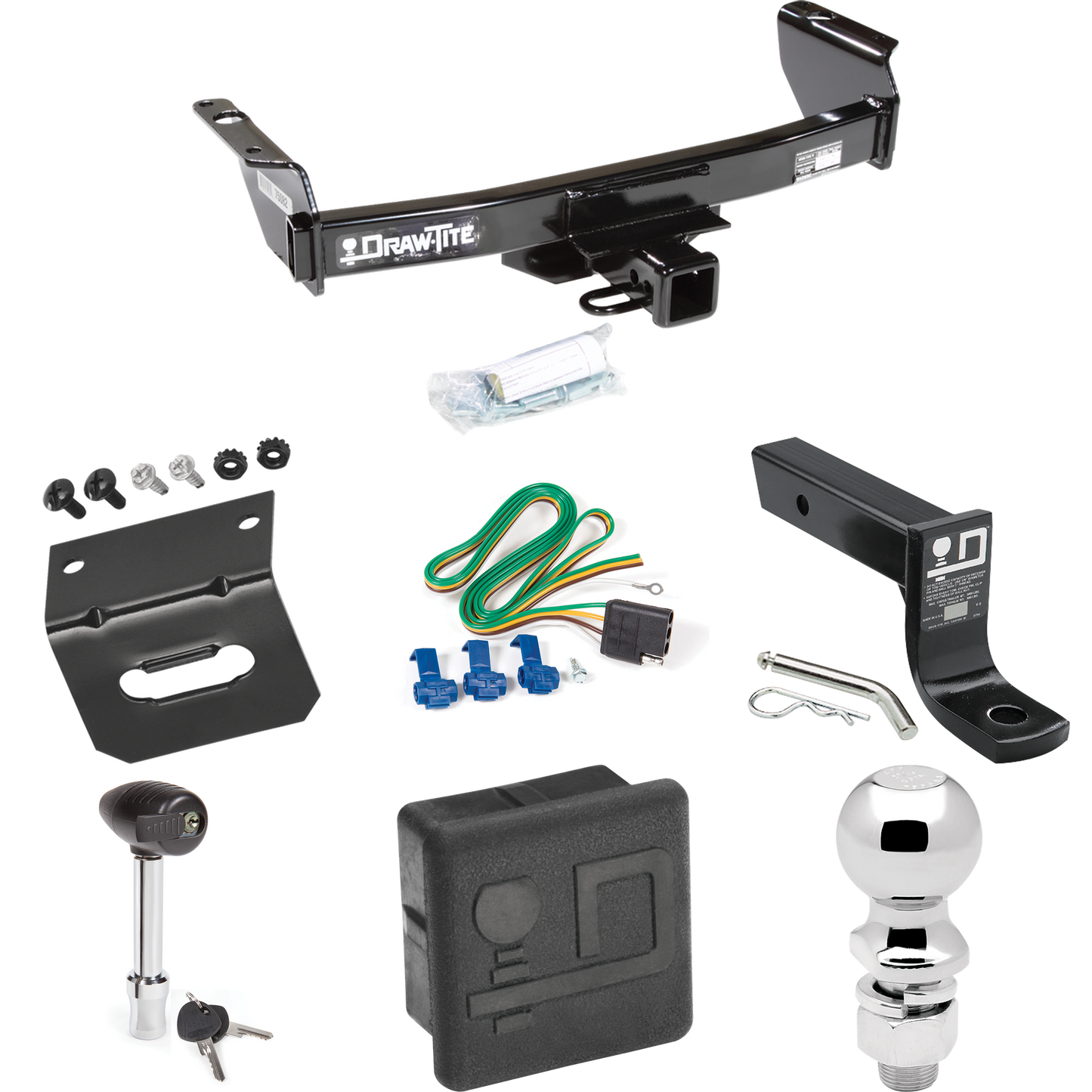 Fits 2004-2011 Ford Ranger Trailer Hitch Tow PKG w/ 4-Flat Wiring + Ball Mount w/ 4" Drop + 2-5/16" Ball + Wiring Bracket + Hitch Lock + Hitch Cover By Draw-Tite