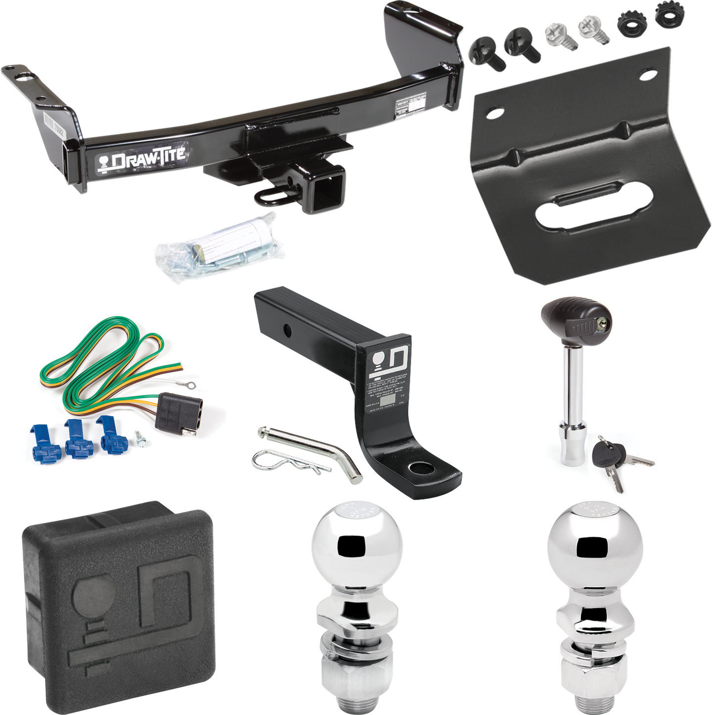 Fits 2004-2011 Ford Ranger Trailer Hitch Tow PKG w/ 4-Flat Wiring + Ball Mount w/ 4" Drop + 2" Ball + 2-5/16" Ball + Wiring Bracket + Hitch Lock + Hitch Cover By Draw-Tite