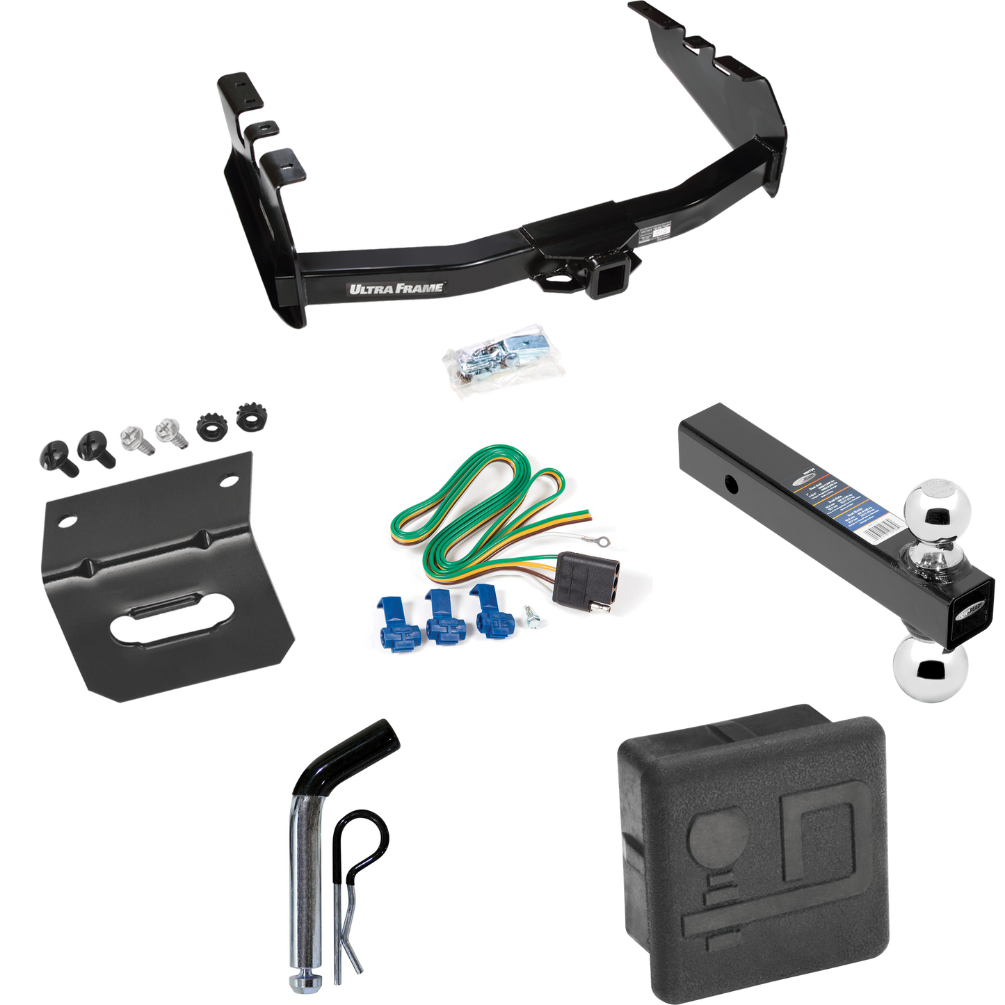 Fits 1999-2004 Chevrolet Silverado 2500 Trailer Hitch Tow PKG w/ 4-Flat Wiring Harness + Dual Ball Ball Mount 2" & 2-5/16" Trailer Balls + Pin/Clip + Hitch Cover + Wiring Bracket By Draw-Tite