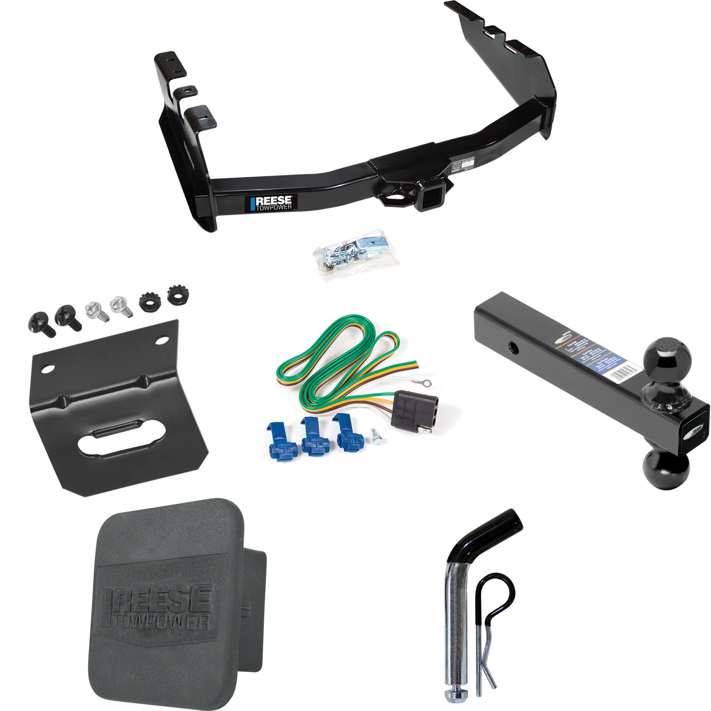 Fits 1999-2002 Chevrolet Silverado 1500 Trailer Hitch Tow PKG w/ 4-Flat Wiring Harness + Dual Ball Ball Mount 2" & 2-5/16" Trailer Balls + Pin/Clip + Hitch Cover + Wiring Bracket By Reese Towpower