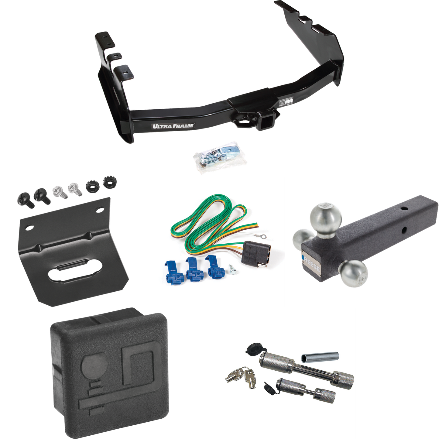 Fits 2001-2003 GMC Sierra 1500 HD Trailer Hitch Tow PKG w/ 4-Flat Wiring Harness + Triple Ball Ball Mount 1-7/8" & 2" & 2-5/16" Trailer Balls + Dual Hitch & Coupler Locks + Hitch Cover + Wiring Bracket By Draw-Tite