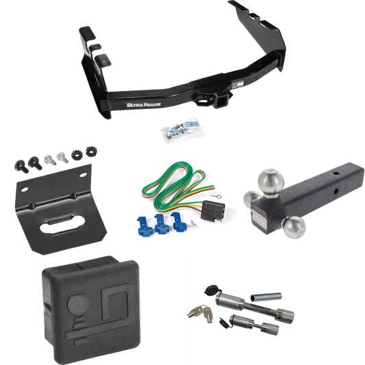 Fits 2001-2003 GMC Sierra 1500 HD Trailer Hitch Tow PKG w/ 4-Flat Wiring Harness + Triple Ball Ball Mount 1-7/8" & 2" & 2-5/16" Trailer Balls + Dual Hitch & Coupler Locks + Hitch Cover + Wiring Bracket By Draw-Tite