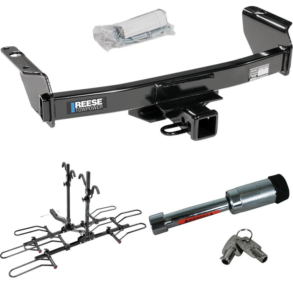 Fits 2002-2009 Mazda B2300 Trailer Hitch Tow PKG w/ 4 Bike Plaform Style Carrier Rack + Hitch Lock By Reese Towpower