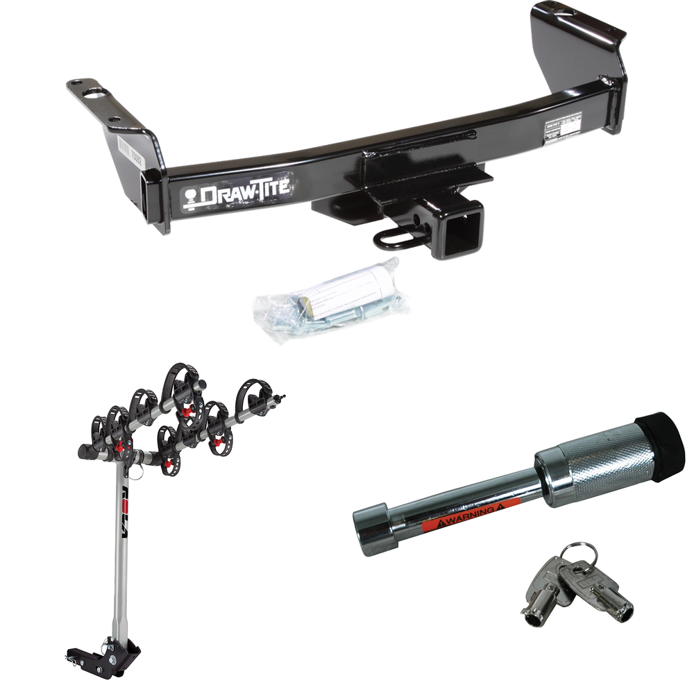 Fits 1994-2008 Mazda B3000 Trailer Hitch Tow PKG w/ 4 Bike Carrier Rack + Hitch Lock By Draw-Tite