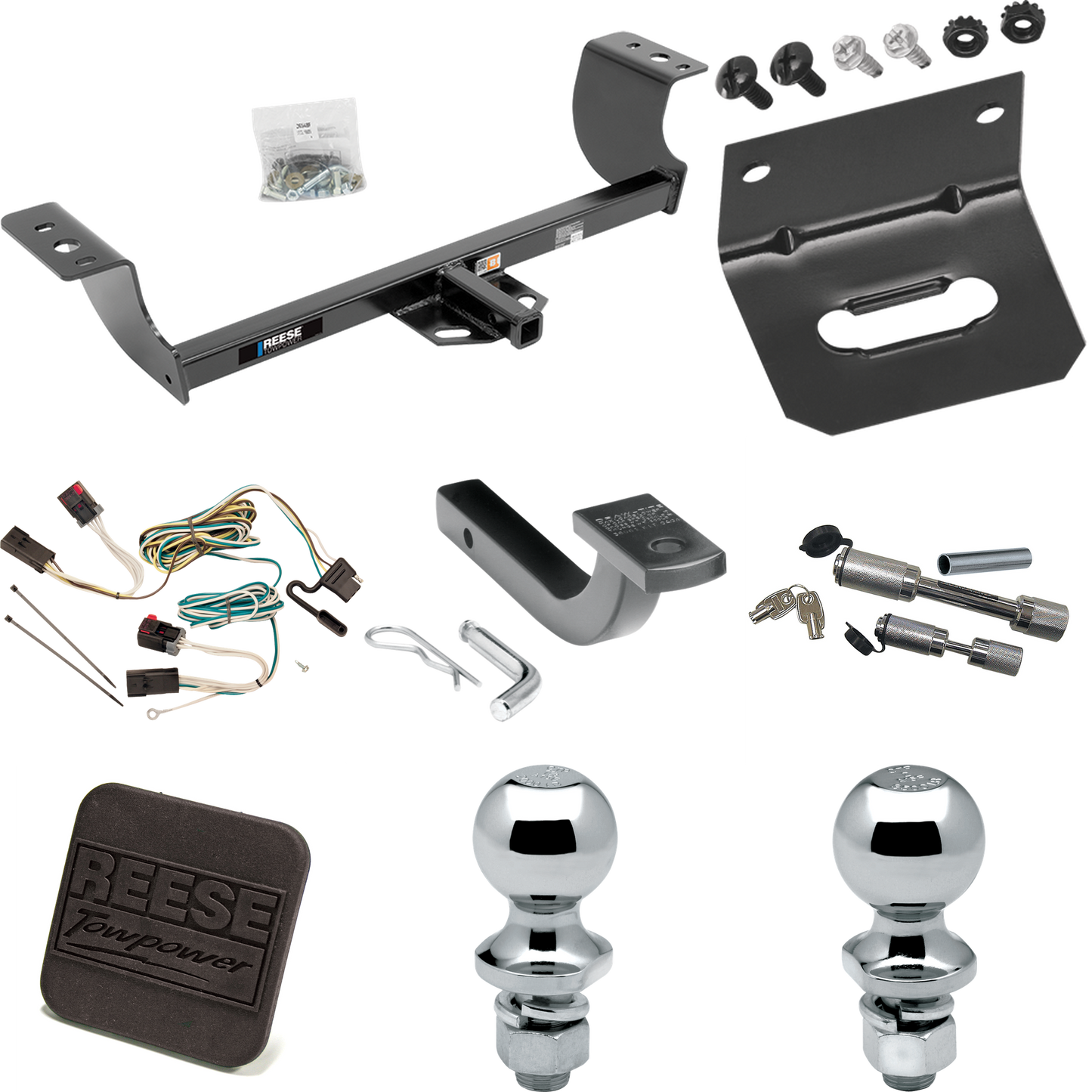 Fits 2008-2014 Dodge Challenger Trailer Hitch Tow PKG w/ 4-Flat Wiring Harness + Draw-Bar + 1-7/8" + 2" Ball + Wiring Bracket + Hitch Cover + Dual Hitch & Coupler Locks (Excludes: w/Quad Tip Exhaust Models) By Reese Towpower