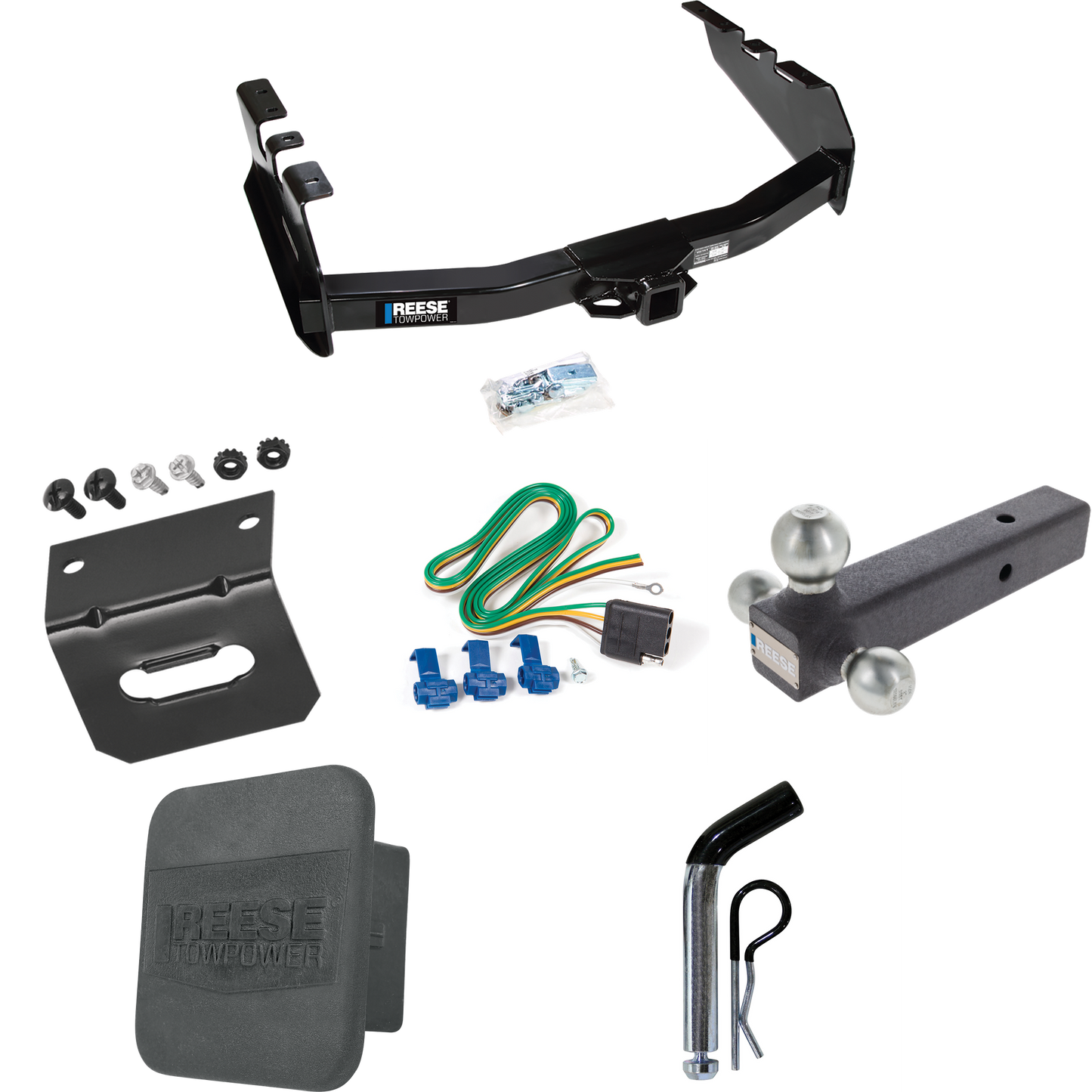 Fits 1999-2002 Chevrolet Silverado 1500 Trailer Hitch Tow PKG w/ 4-Flat Wiring Harness + Triple Ball Ball Mount 1-7/8" & 2" & 2-5/16" Trailer Balls + Pin/Clip + Hitch Cover + Wiring Bracket By Reese Towpower