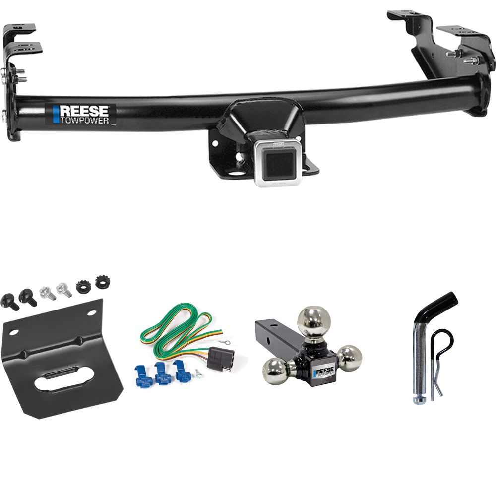 Fits 1981-1993 Dodge D250 Trailer Hitch Tow PKG w/ 4-Flat Wiring Harness + Triple Ball Ball Mount 1-7/8" & 2" & 2-5/16" Trailer Balls + Pin/Clip + Wiring Bracket By Reese Towpower