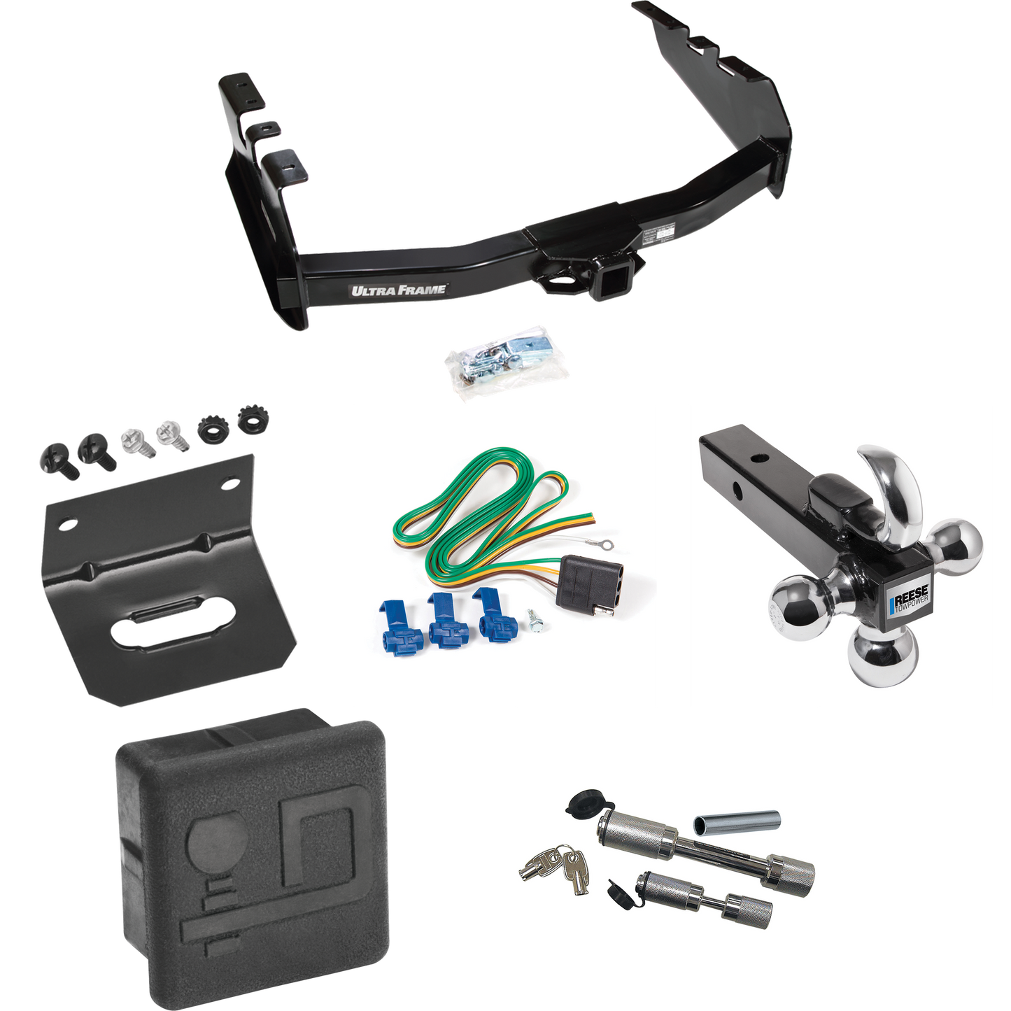 Fits 1999-2002 Chevrolet Silverado 1500 Trailer Hitch Tow PKG w/ 4-Flat Wiring Harness + Triple Ball Ball Mount 1-7/8" & 2" & 2-5/16" Trailer Balls w/ Tow Hook + Dual Hitch & Coupler Locks + Hitch Cover + Wiring Bracket By Draw-Tite