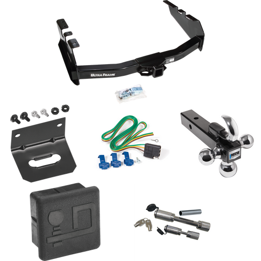 Fits 1999-2002 Chevrolet Silverado 1500 Trailer Hitch Tow PKG w/ 4-Flat Wiring Harness + Triple Ball Ball Mount 1-7/8" & 2" & 2-5/16" Trailer Balls w/ Tow Hook + Dual Hitch & Coupler Locks + Hitch Cover + Wiring Bracket By Draw-Tite