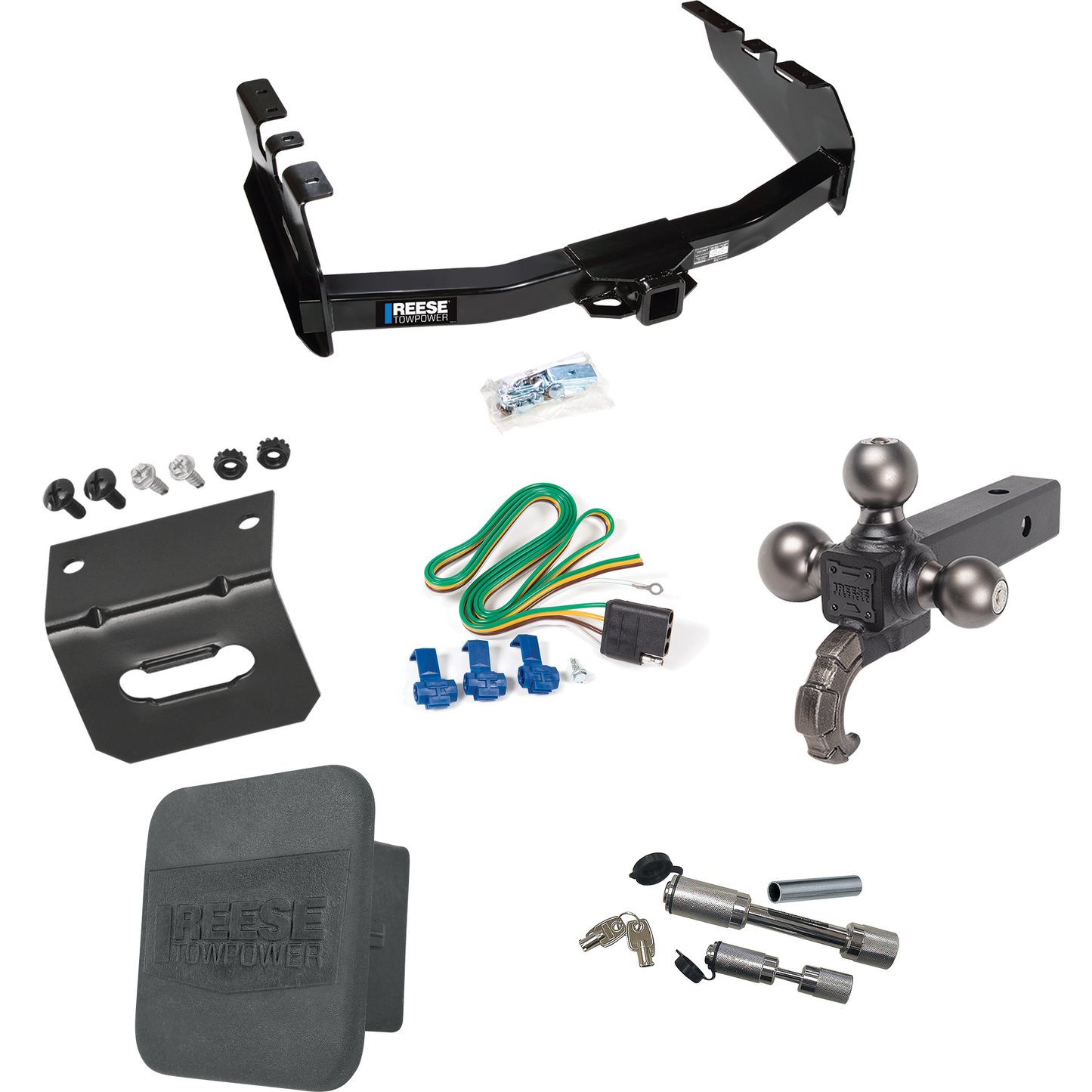 Fits 2001-2003 Chevrolet Silverado 1500 HD Trailer Hitch Tow PKG w/ 4-Flat Wiring Harness + Triple Ball Ball Mount 1-7/8" & 2" & 2-5/16" Trailer Balls w/ Tow Hook + Dual Hitch & Coupler Locks + Hitch Cover + Wiring Bracket By Reese Towpower