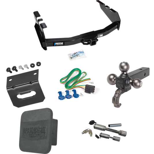 Fits 2001-2003 Chevrolet Silverado 1500 HD Trailer Hitch Tow PKG w/ 4-Flat Wiring Harness + Triple Ball Ball Mount 1-7/8" & 2" & 2-5/16" Trailer Balls w/ Tow Hook + Dual Hitch & Coupler Locks + Hitch Cover + Wiring Bracket By Reese Towpower