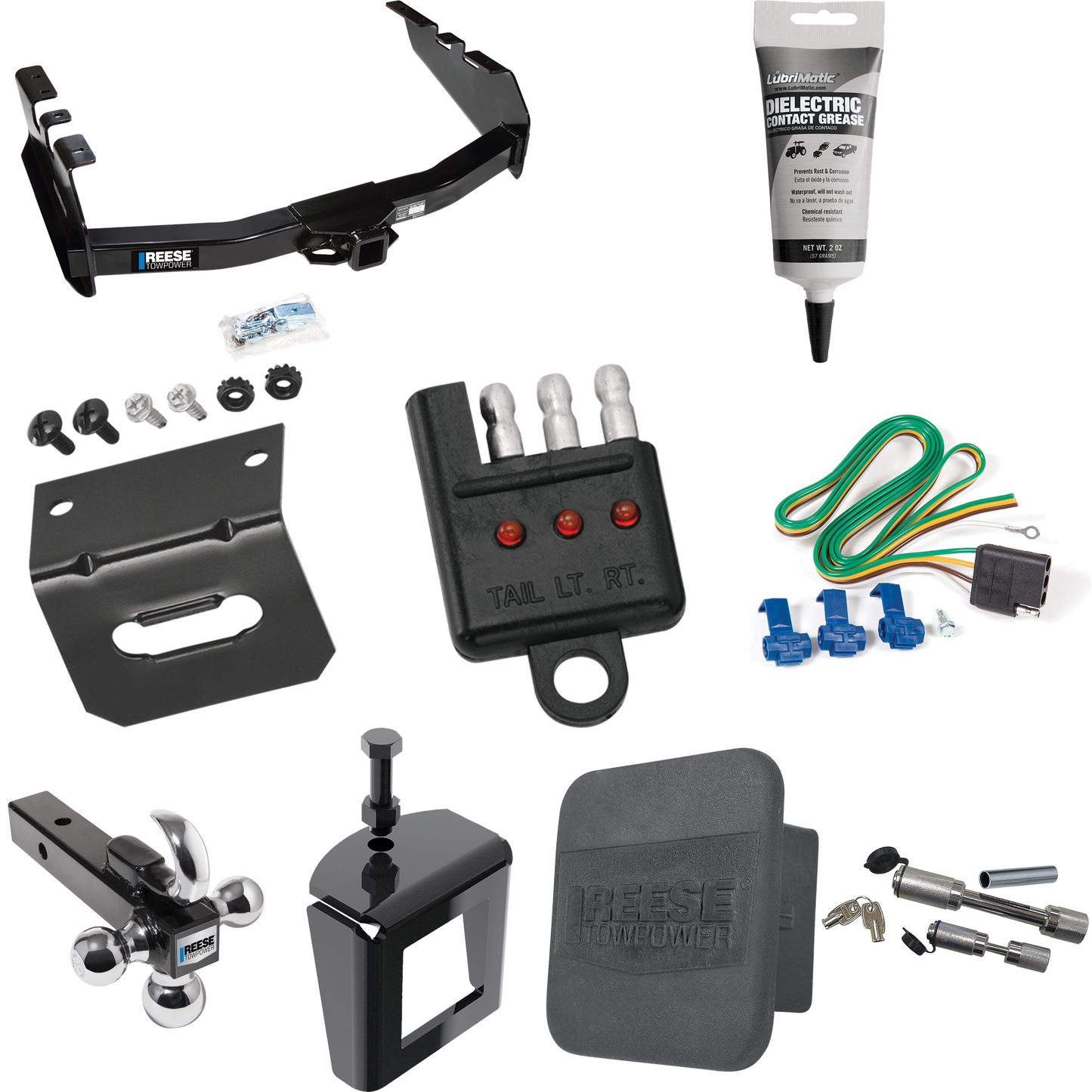 Fits 1999-2002 GMC Sierra 1500 Trailer Hitch Tow PKG w/ 4-Flat Wiring Harness + Triple Ball Ball Mount 1-7/8" & 2" & 2-5/16" Trailer Balls w/ Tow Hook + Dual Hitch & Coupler Locks + Hitch Cover + Wiring Bracket + Wiring Tester + Electric Grease + Ant