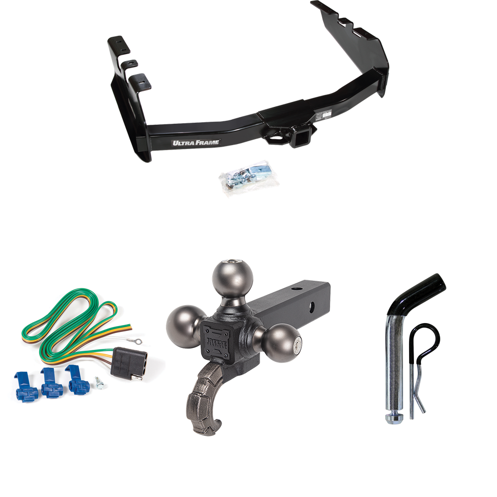 Fits 2003-2007 GMC Sierra 1500 Trailer Hitch Tow PKG w/ 4-Flat Wiring Harness + Triple Ball Ball Mount 1-7/8" & 2" & 2-5/16" Trailer Balls w/ Tow Hook + Pin/Clip (For (Classic) Models) By Draw-Tite