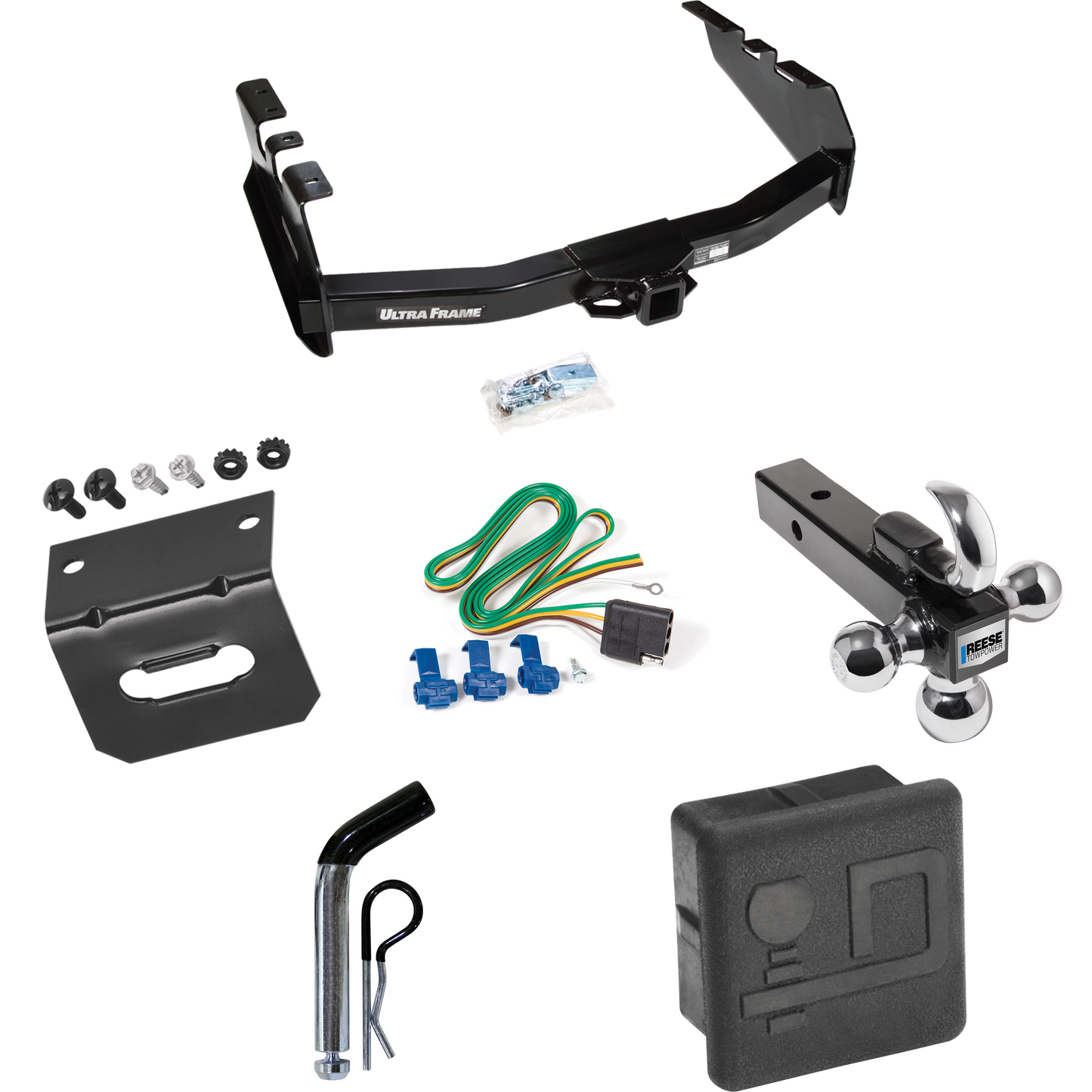 Fits 2001-2003 Chevrolet Silverado 1500 HD Trailer Hitch Tow PKG w/ 4-Flat Wiring Harness + Triple Ball Ball Mount 1-7/8" & 2" & 2-5/16" Trailer Balls w/ Tow Hook + Pin/Clip + Hitch Cover + Wiring Bracket By Draw-Tite