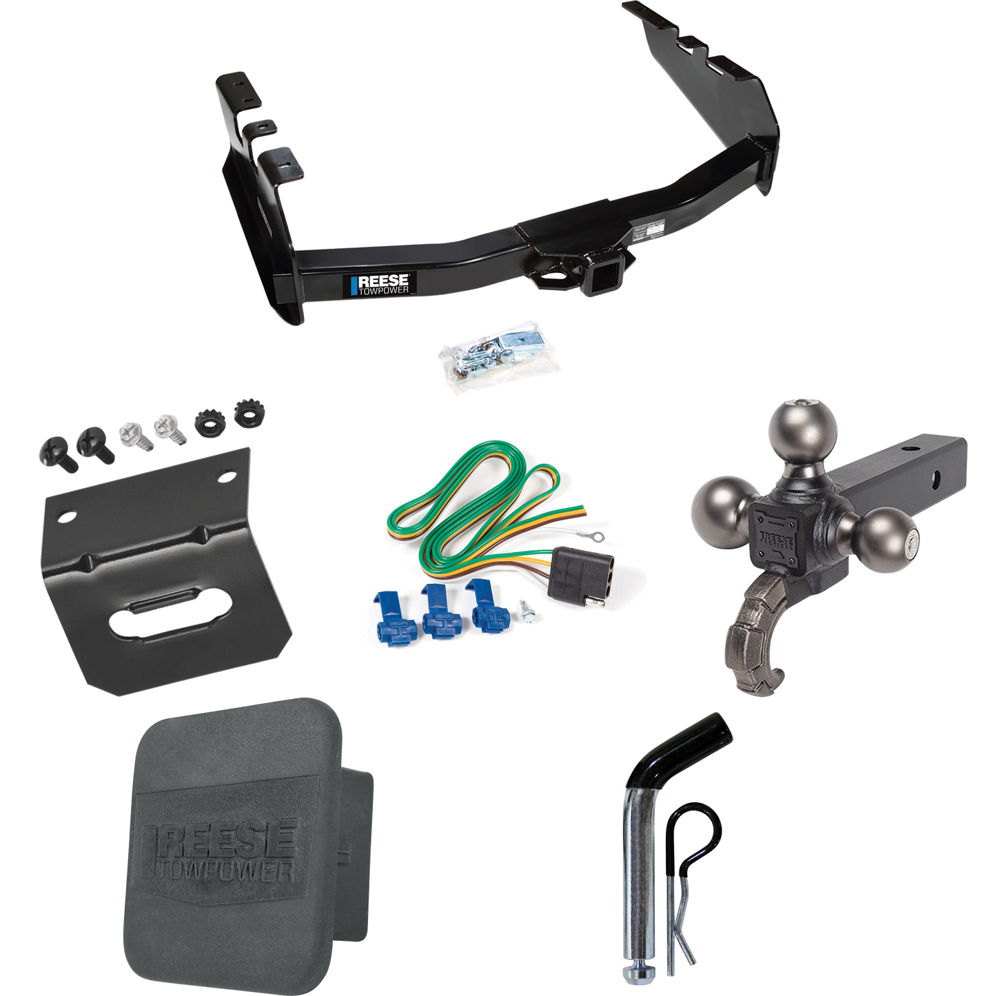 Fits 1999-2004 Chevrolet Silverado 2500 Trailer Hitch Tow PKG w/ 4-Flat Wiring Harness + Triple Ball Ball Mount 1-7/8" & 2" & 2-5/16" Trailer Balls w/ Tow Hook + Pin/Clip + Hitch Cover + Wiring Bracket By Reese Towpower